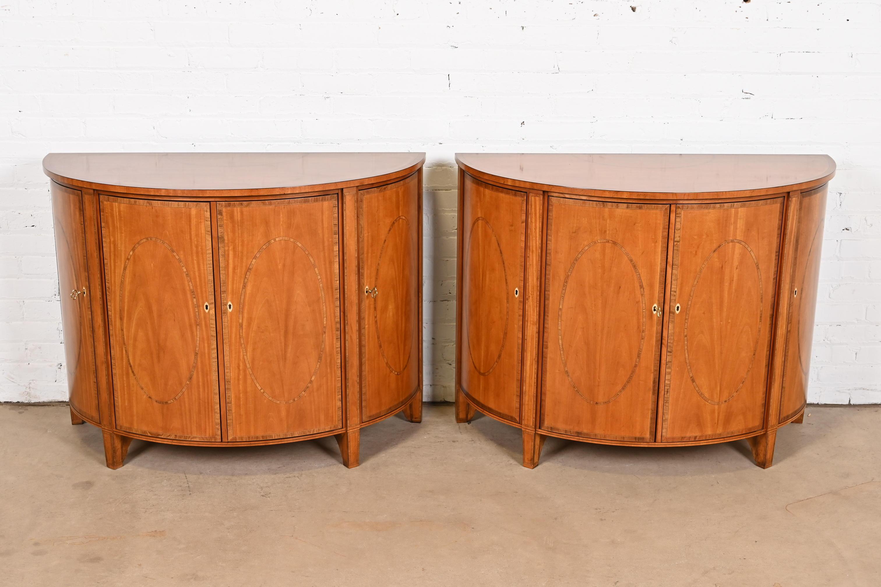 American Baker Furniture Colonial Williamsburg Federal Inlaid Fruitwood Demilune Cabinets