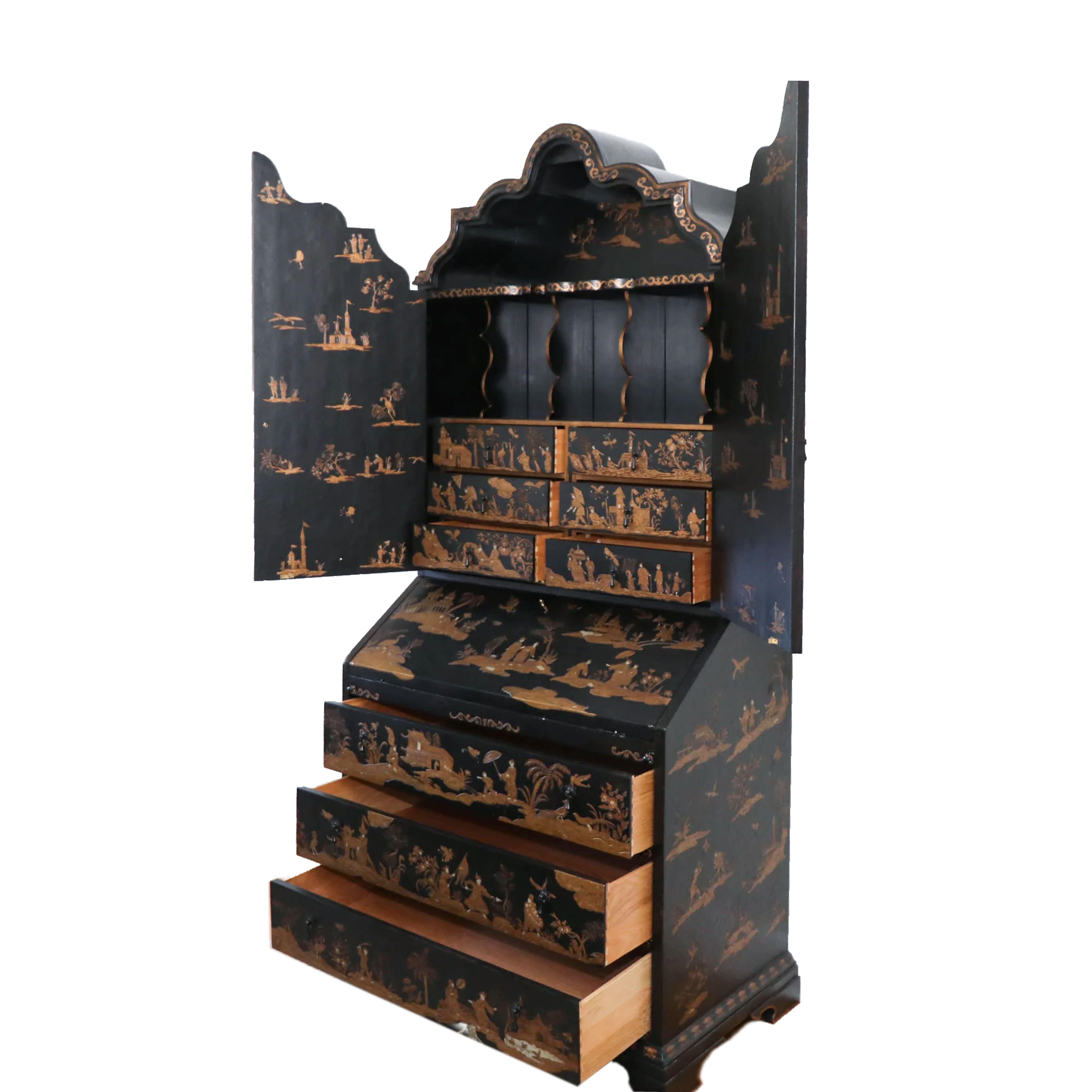 Ebonized Baker Furniture Company Black Japanned Chinoiserie Venetian Secretary Desk, Gilt