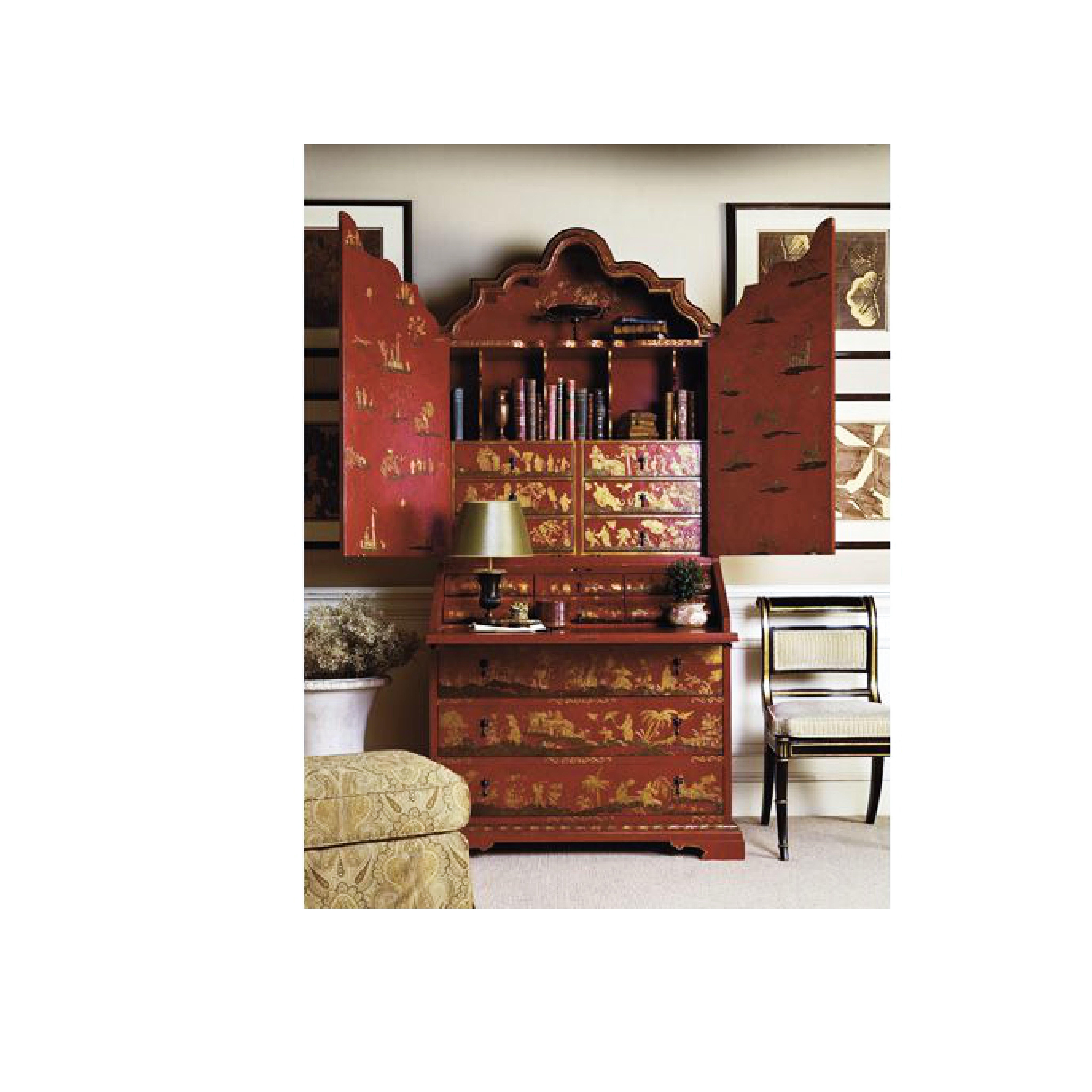 20th Century Baker Furniture Company Black Japanned Chinoiserie Venetian Secretary Desk, Gilt