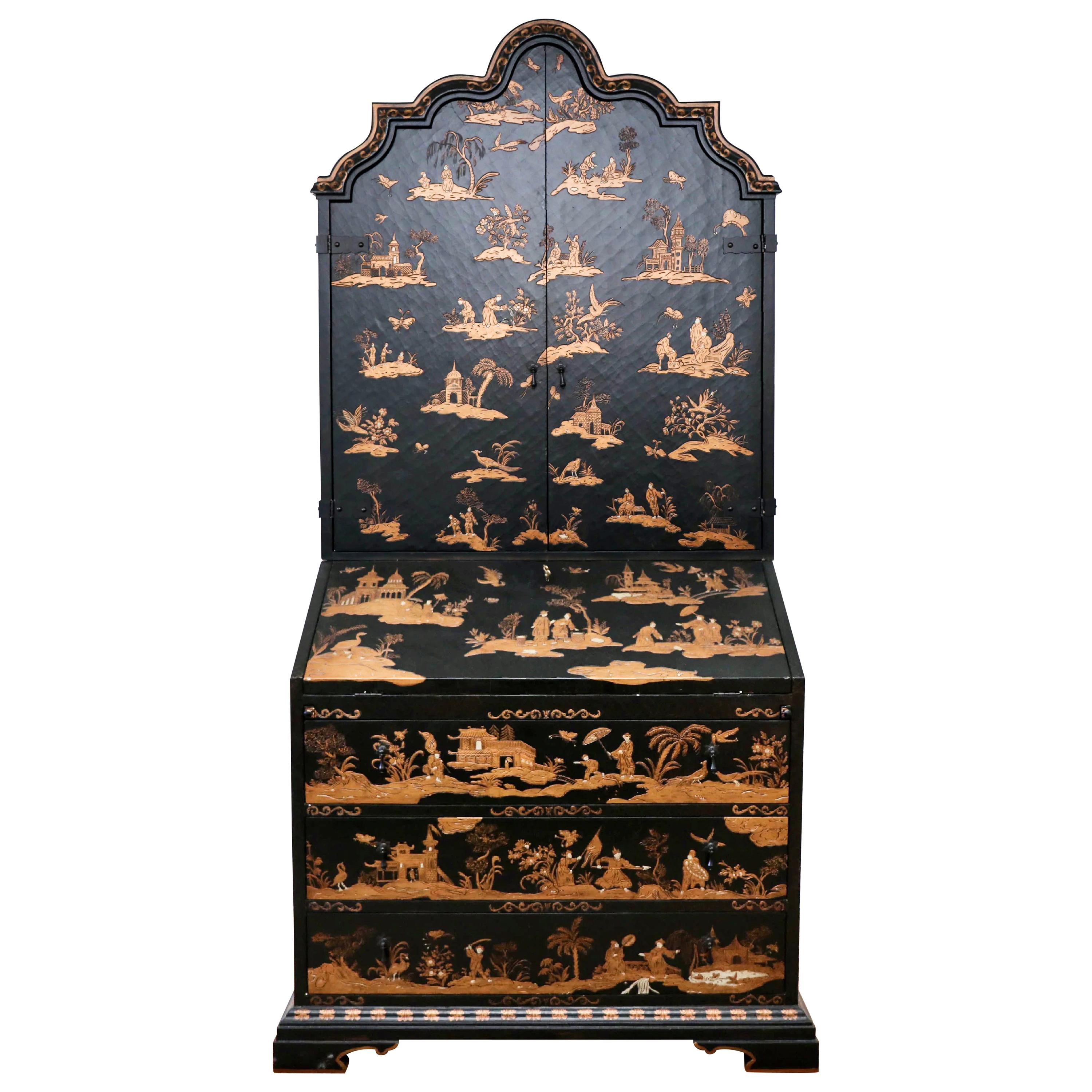 Baker Furniture Company Black Japanned Chinoiserie Venetian Secretary Desk, Gilt