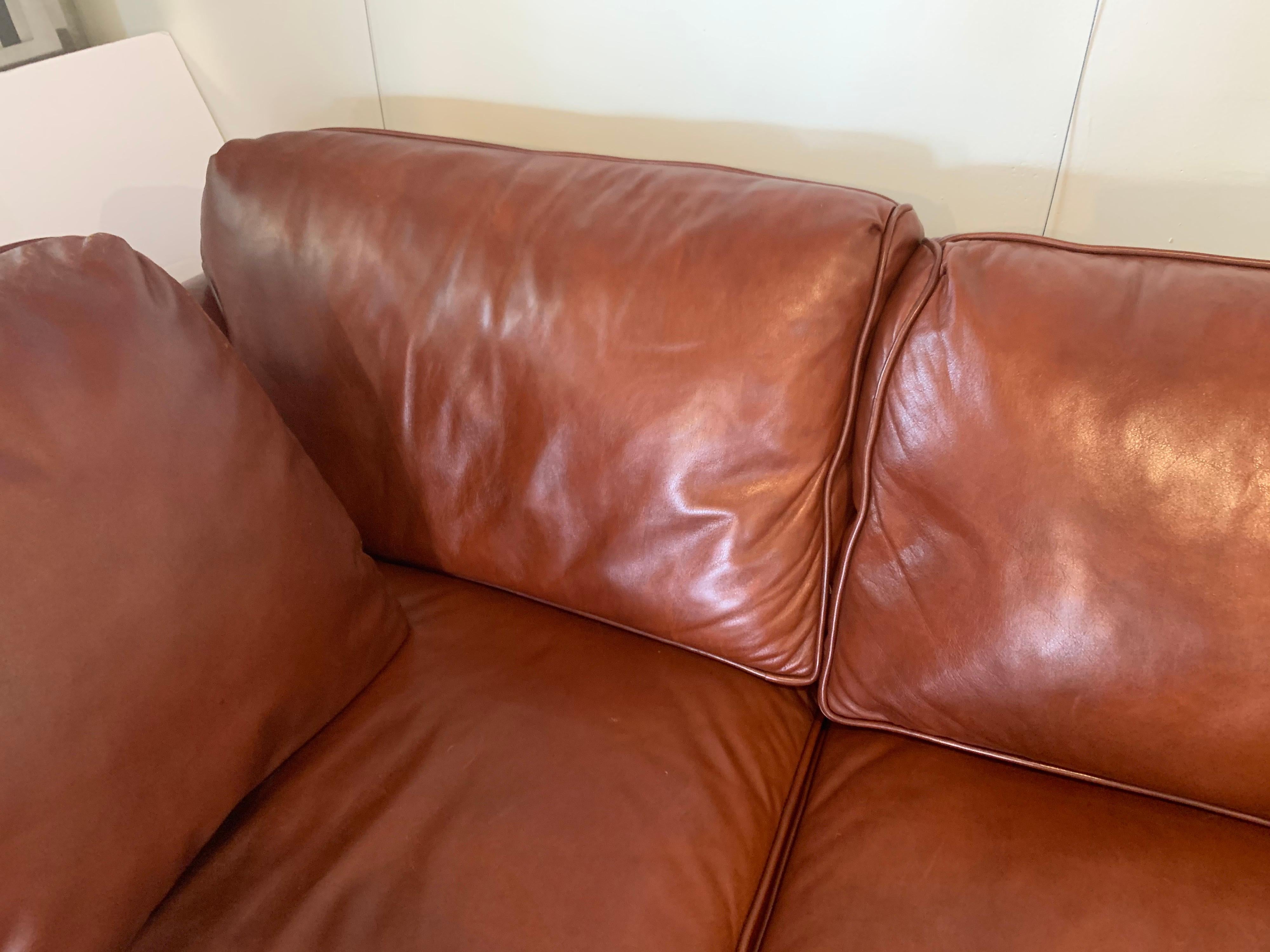 Baker Furniture Company Large Saddle Brown Leather Three-Seat Sofa 1