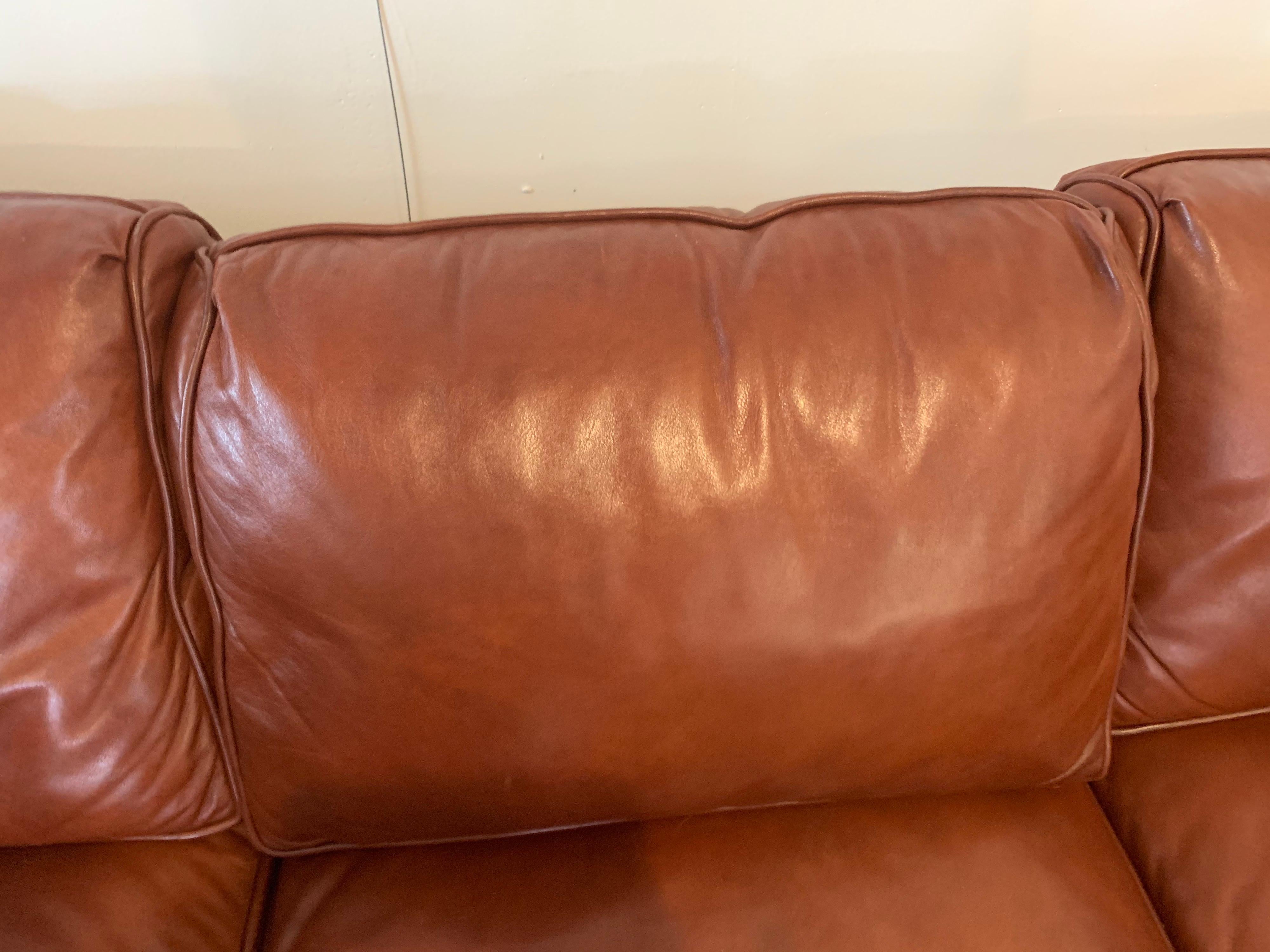 Baker Furniture Company Large Saddle Brown Leather Three-Seat Sofa 3