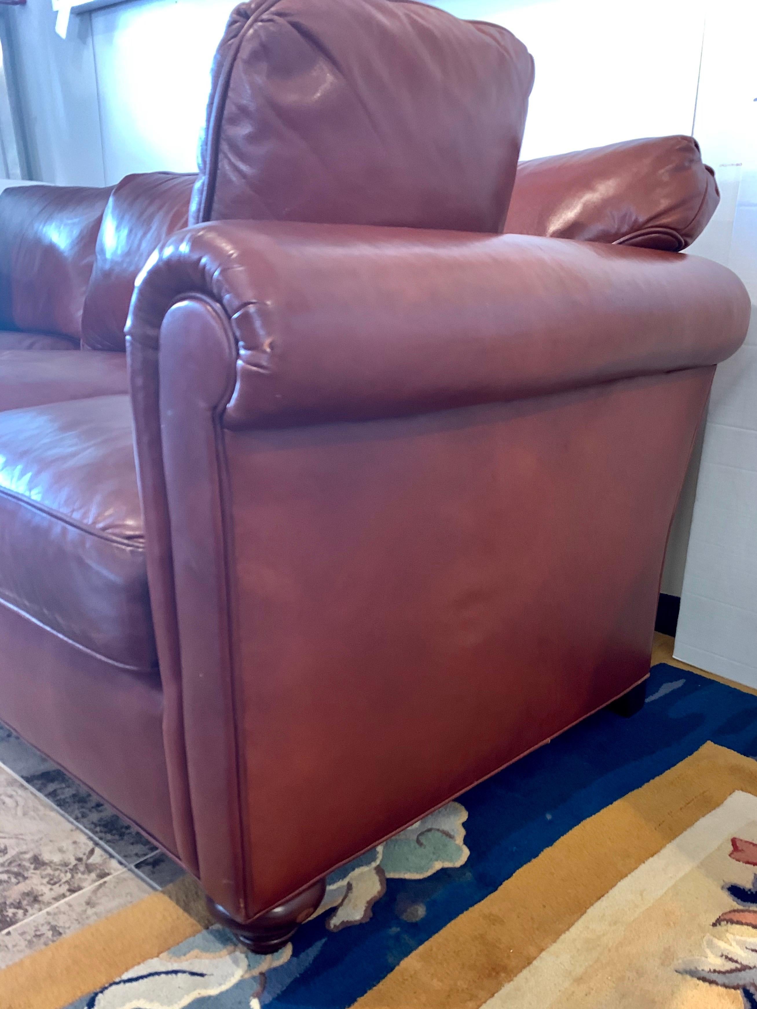 Baker Furniture Company Large Saddle Brown Leather Three-Seat Sofa 6