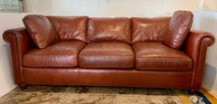 Baker Furniture Company Large Saddle Brown Leather Three-Seat Sofa