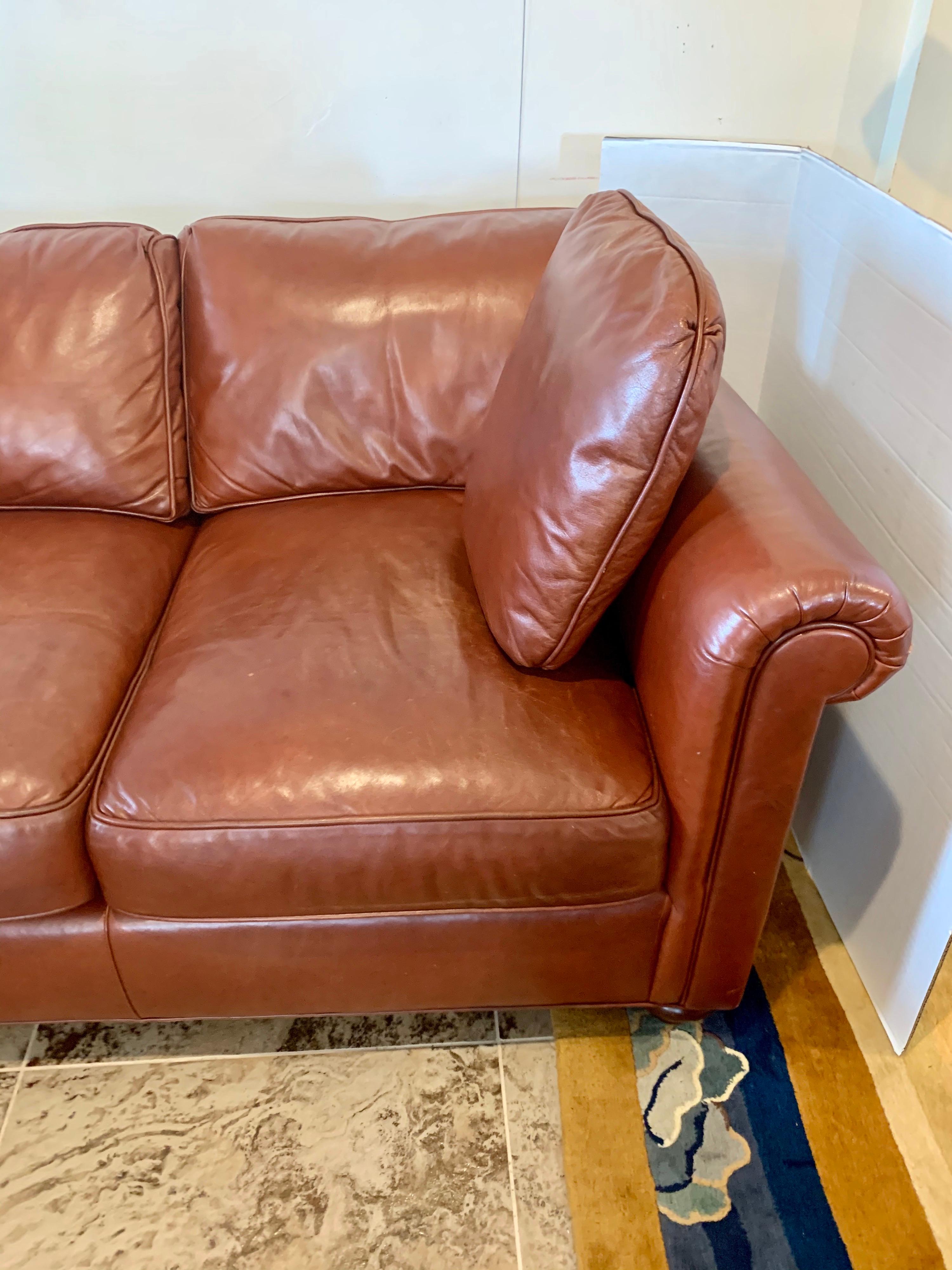 Federal Baker Furniture Company Large Saddle Brown Leather Three-Seat Sofa
