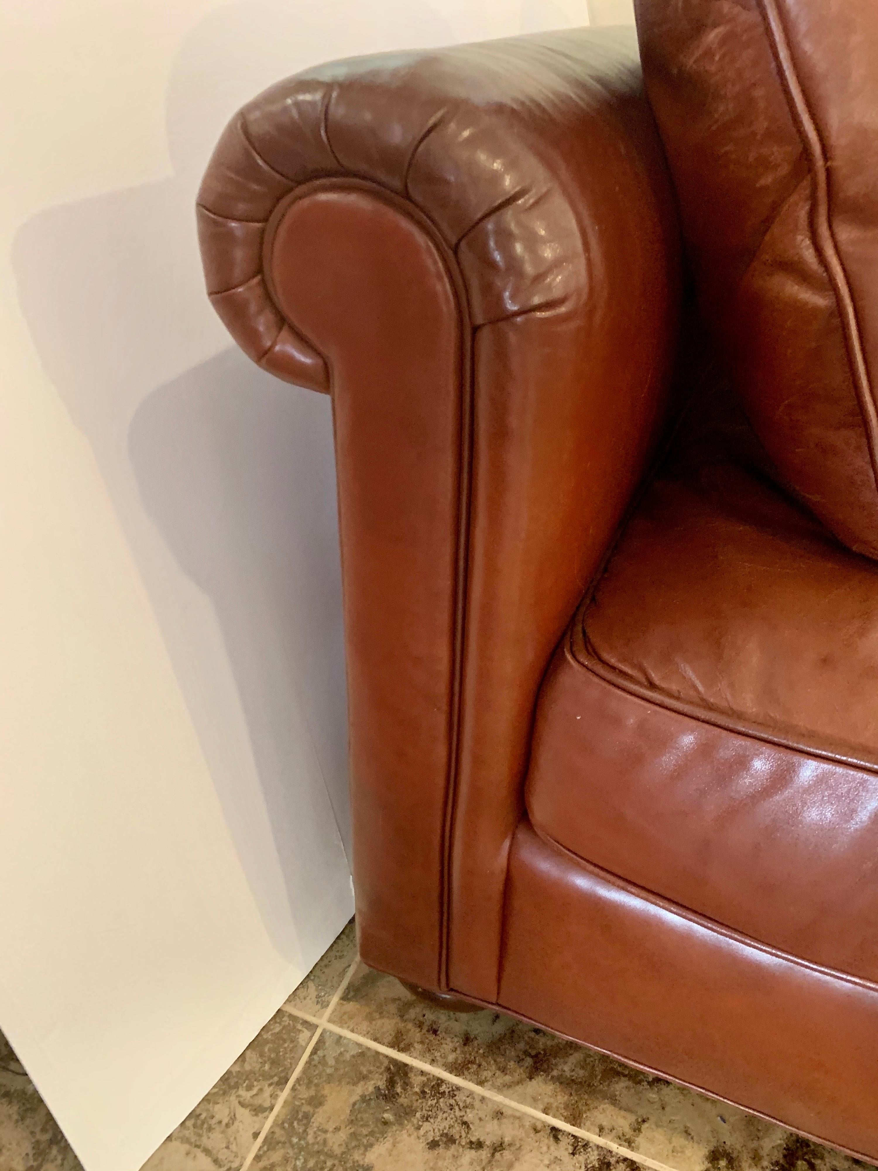 Baker Furniture Company Large Saddle Brown Leather Three-Seat Sofa In Good Condition In West Hartford, CT