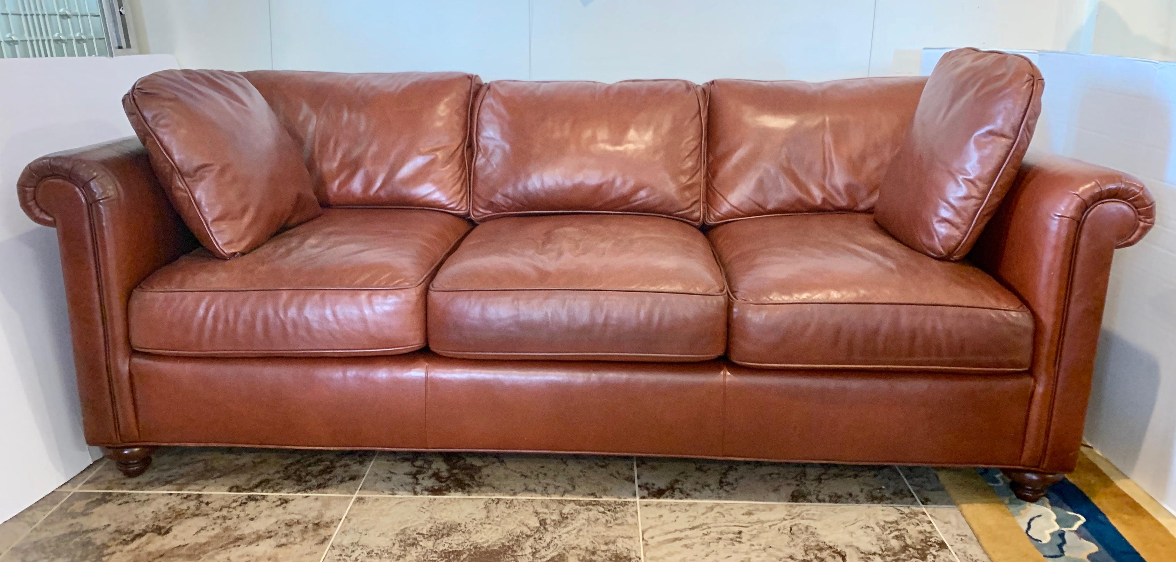 20th Century Baker Furniture Company Large Saddle Brown Leather Three-Seat Sofa