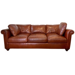 Baker Furniture Company Large Saddle Brown Leather Three-Seat Sofa