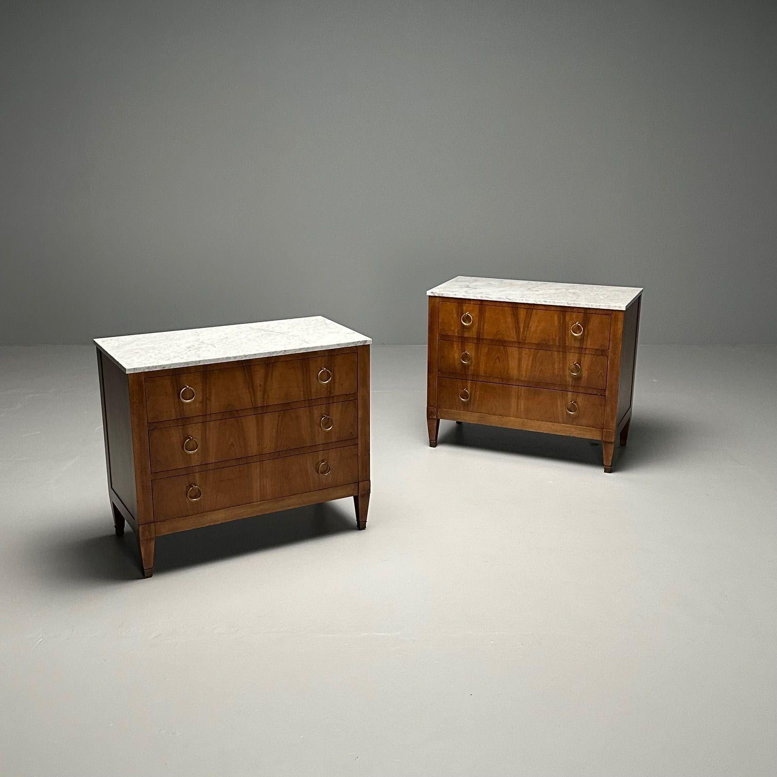 Pair Provincial Baker Furniture Commodes / Nightstands, Marble Top, P.E. Guerin
A custom pair of Baker Furniture Company chests having bespoke later production white and grey marble top. This sleek and stylish pair of commodes each have three by