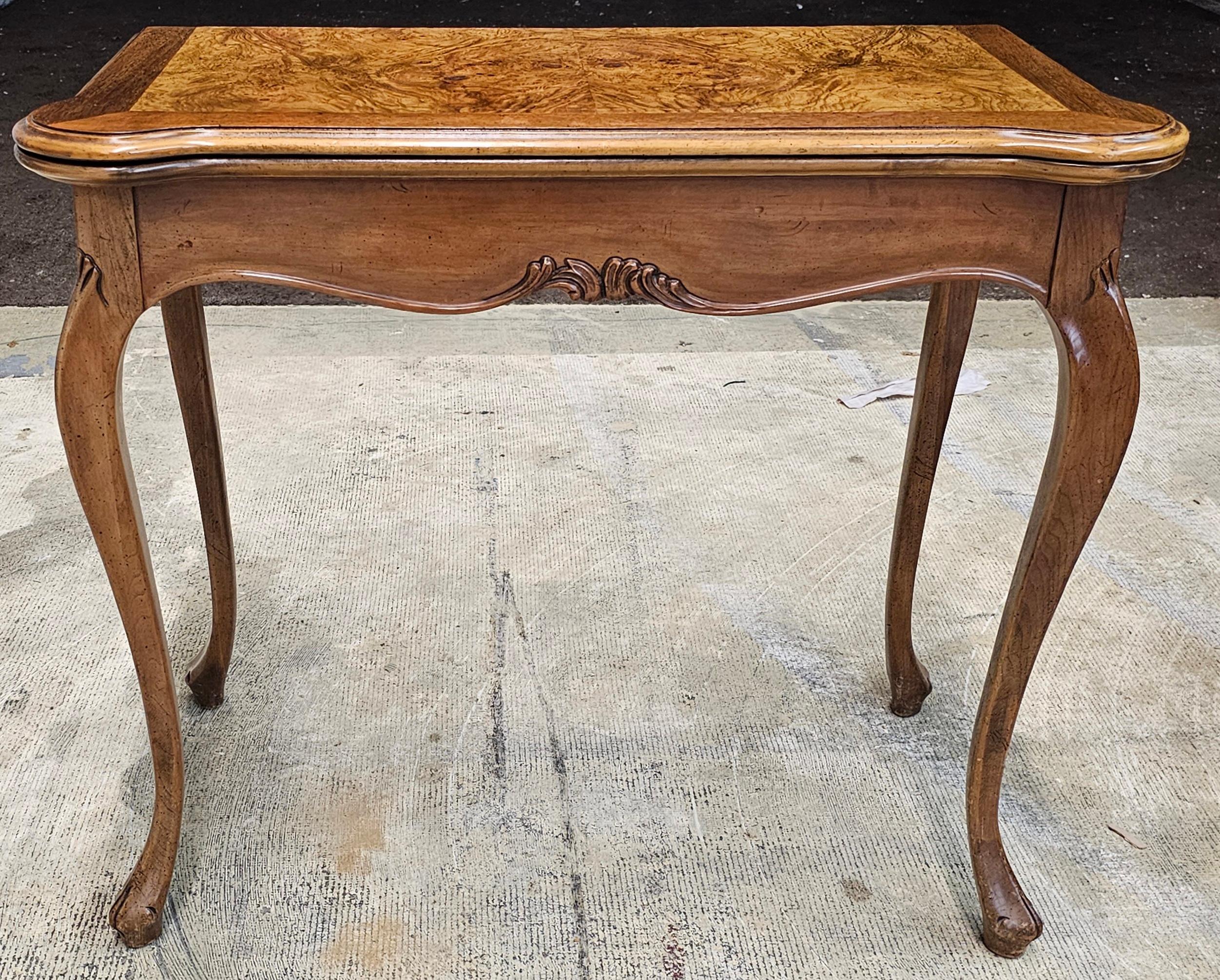 Mid-Century Modern Baker Furniture Cross-Banded and Burl Fold Top Console Card / Game Table For Sale