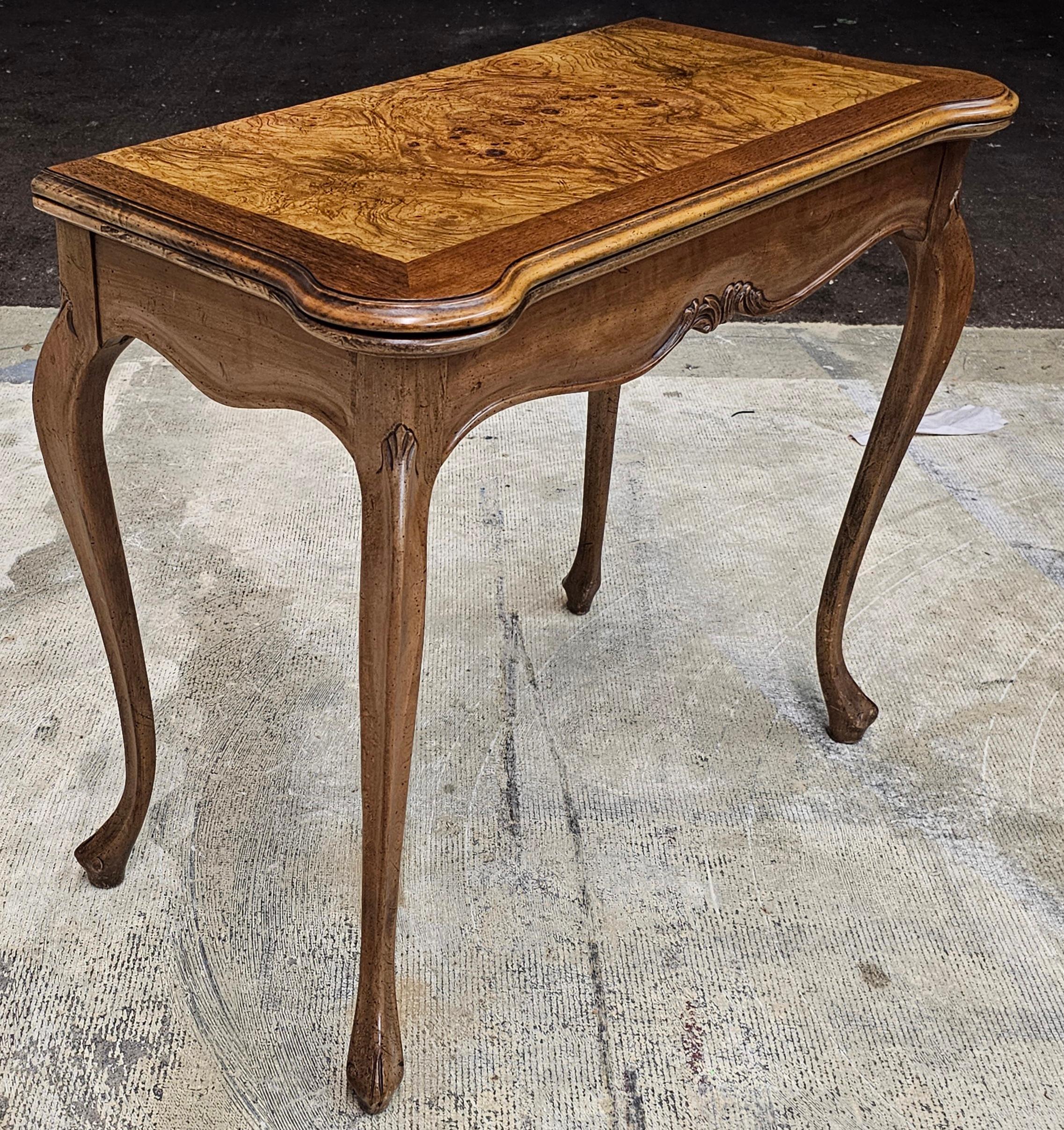 20th Century Baker Furniture Cross-Banded and Burl Fold Top Console Card / Game Table For Sale