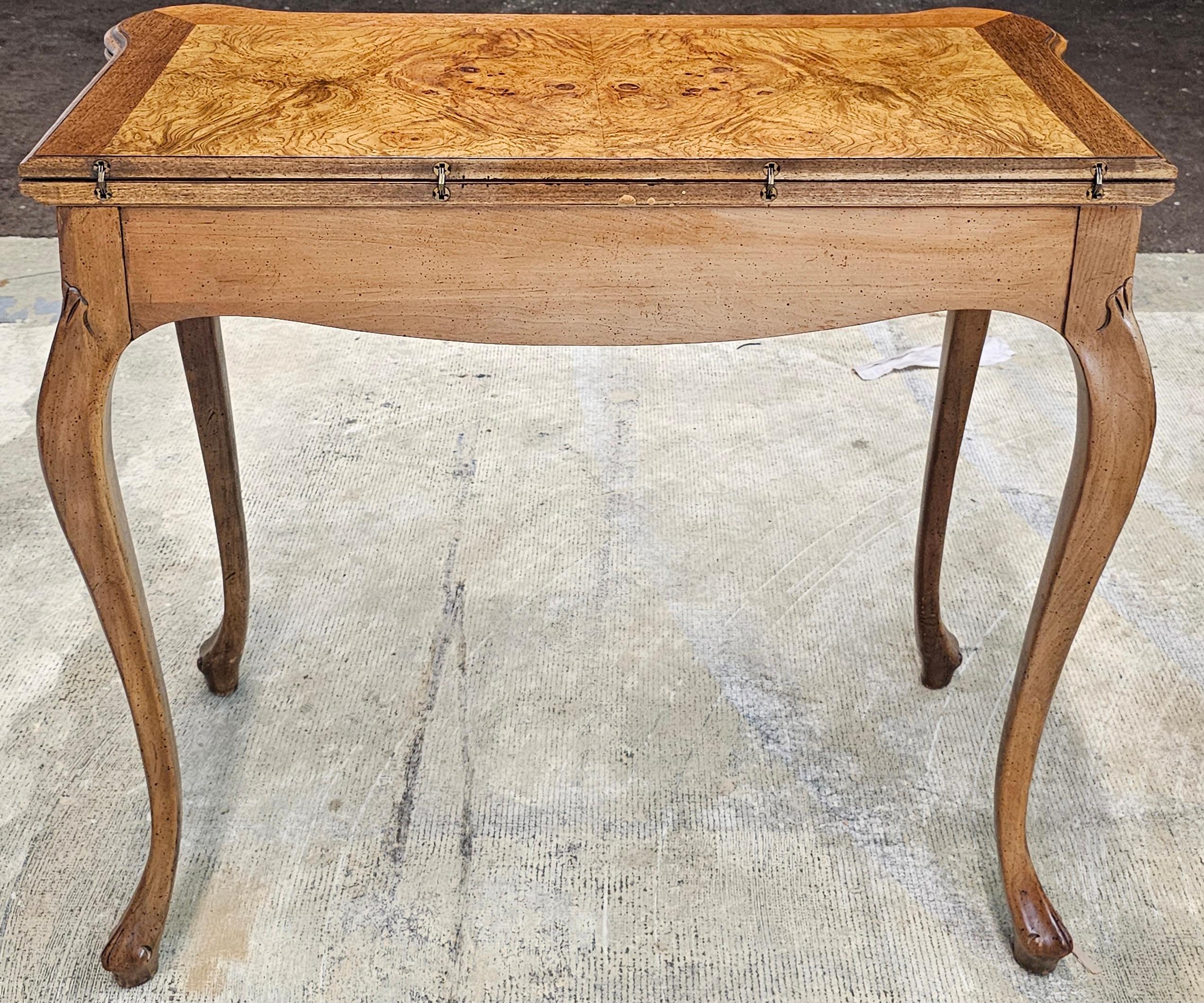 Baker Furniture Cross-Banded and Burl Fold Top Console Card / Game Table For Sale 1