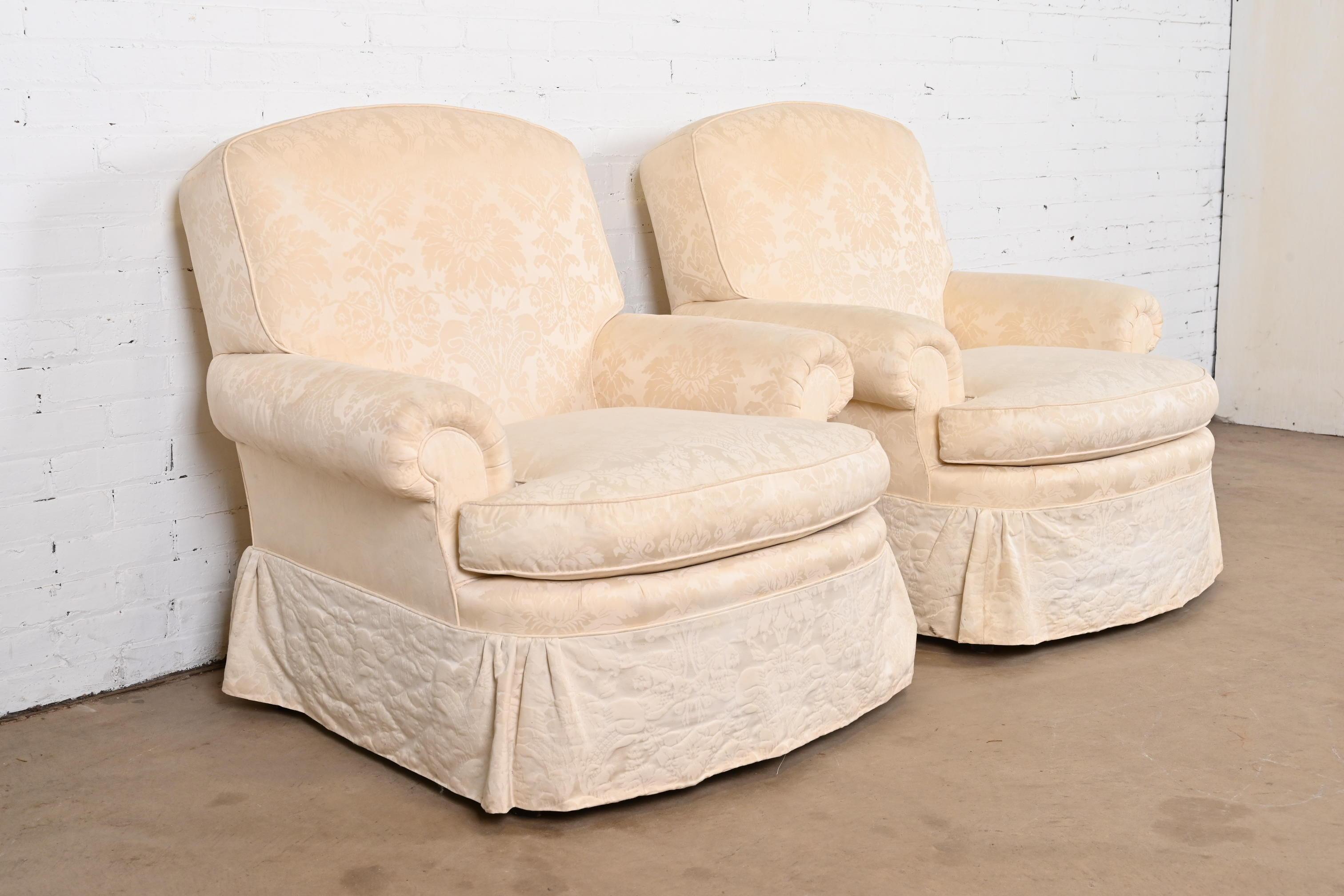 Baker Furniture Damask Upholstered Lounge Chairs, One Chair 1