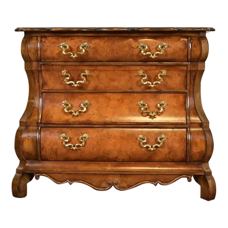 Baker Furniture Dutch Baroque Burled Walnut Bombe Chest or Commode For Sale