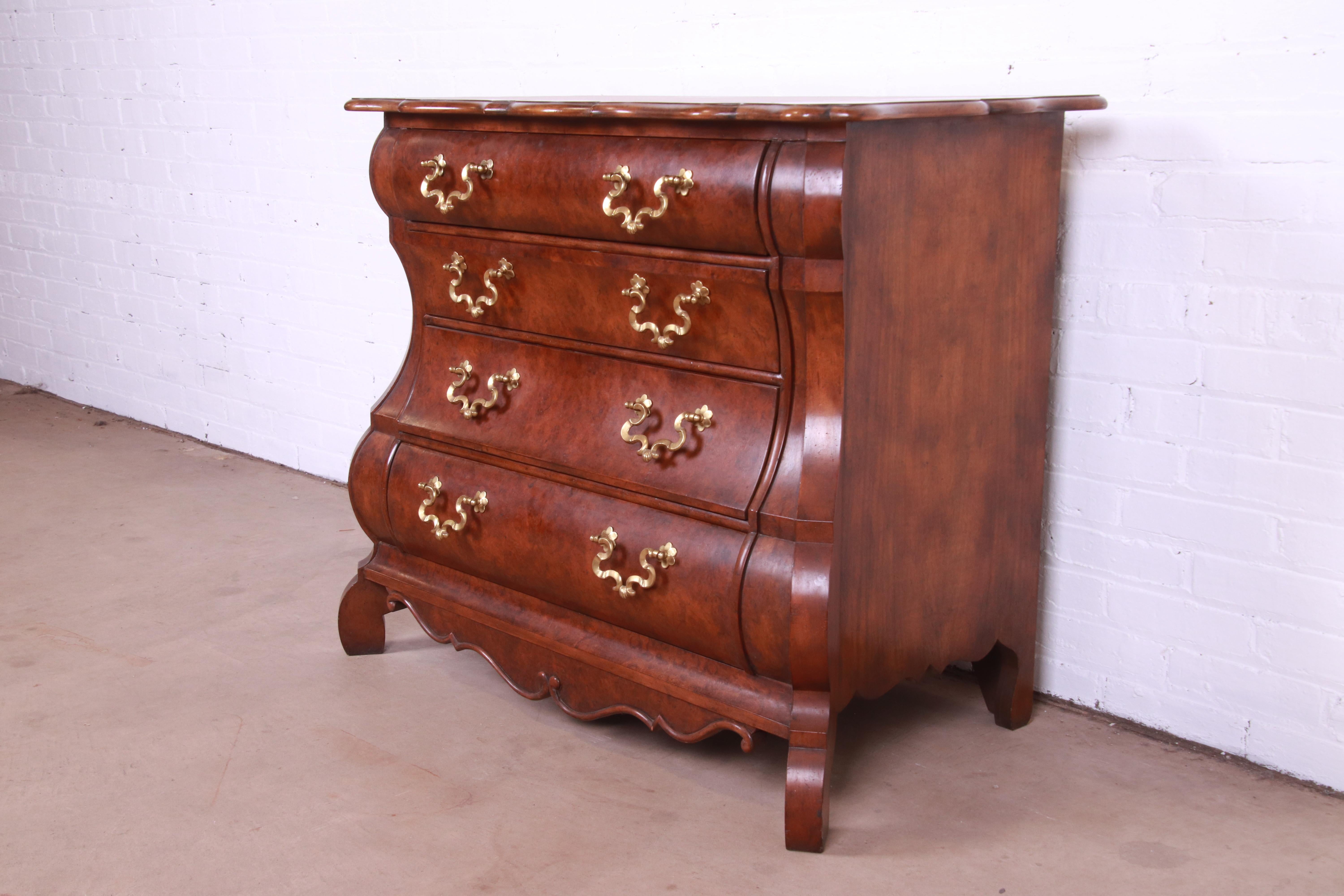 Louis XV Baker Furniture Dutch Burled Walnut Bombe Chest or Commode