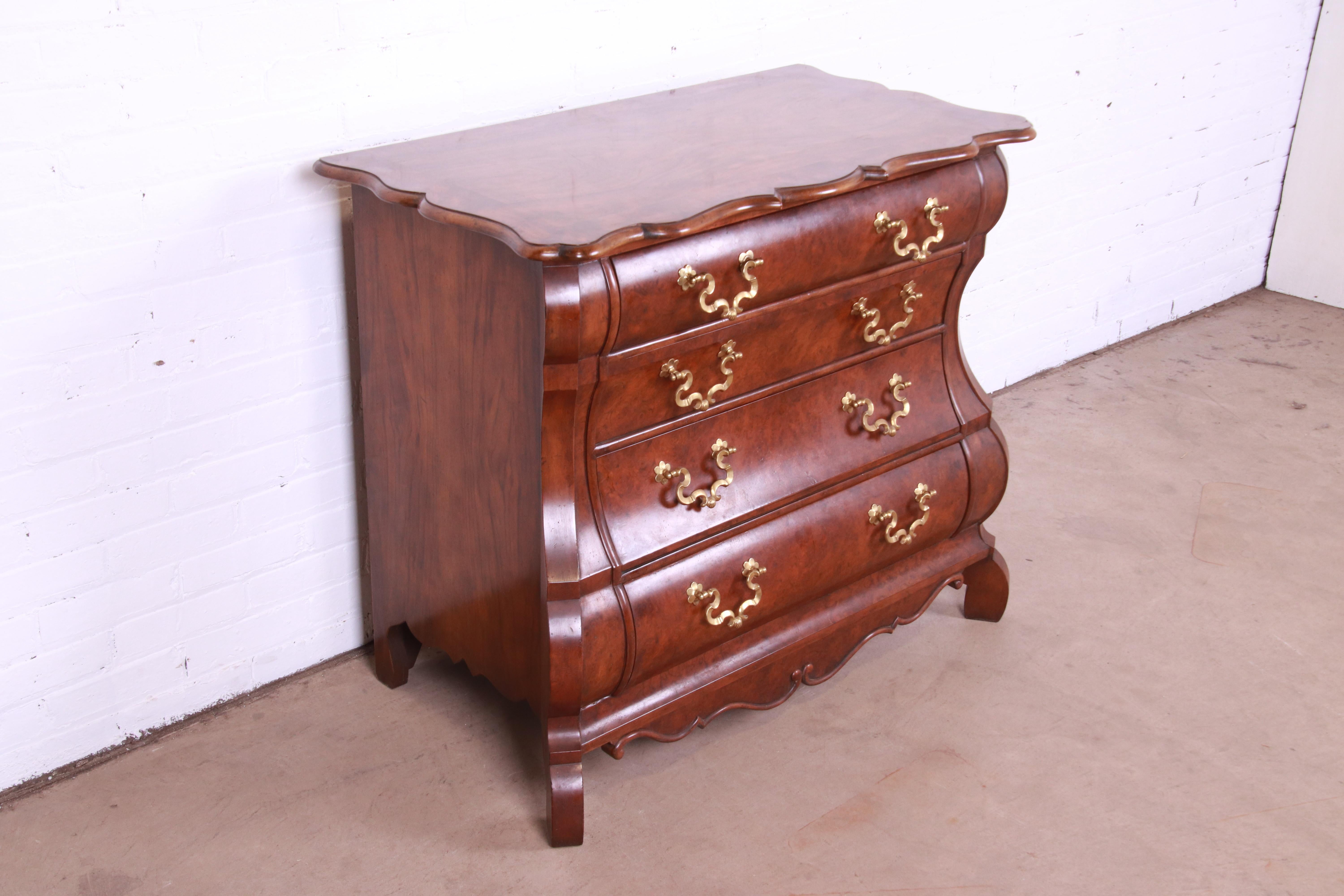 Baker Furniture Dutch Burled Walnut Bombe Chest or Commode In Good Condition In South Bend, IN
