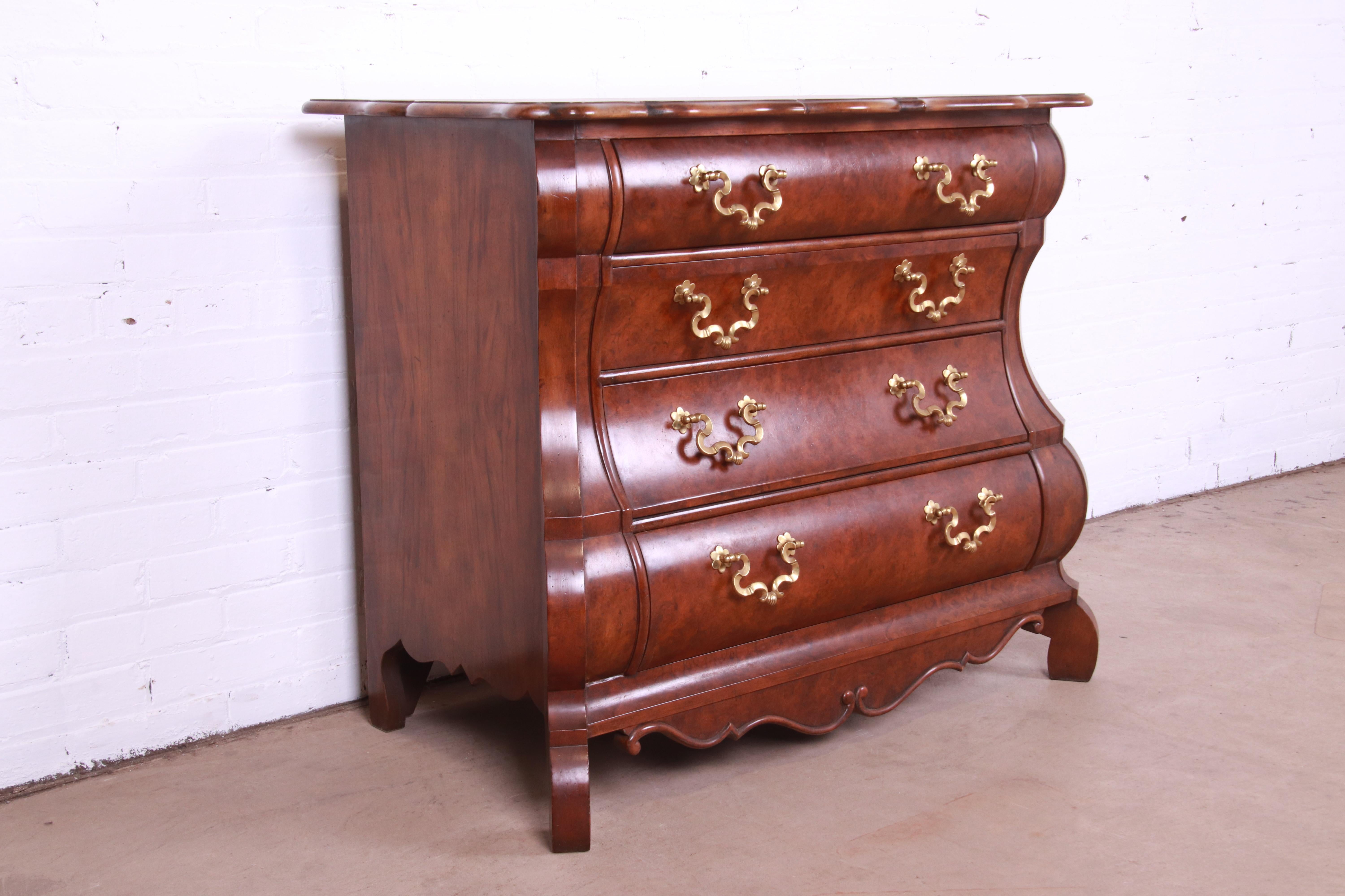 20th Century Baker Furniture Dutch Burled Walnut Bombe Chest or Commode
