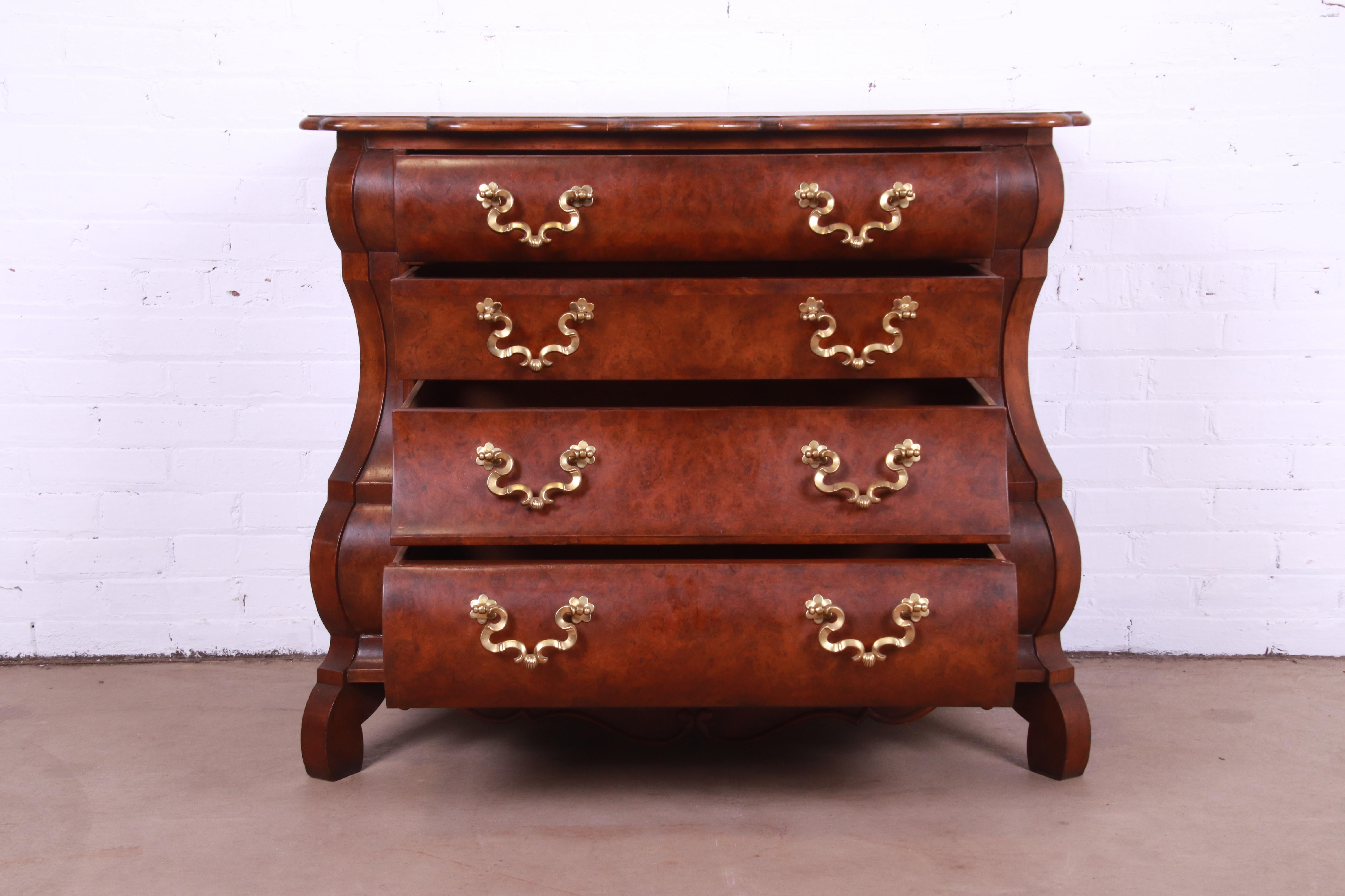 Brass Baker Furniture Dutch Burled Walnut Bombe Chest or Commode