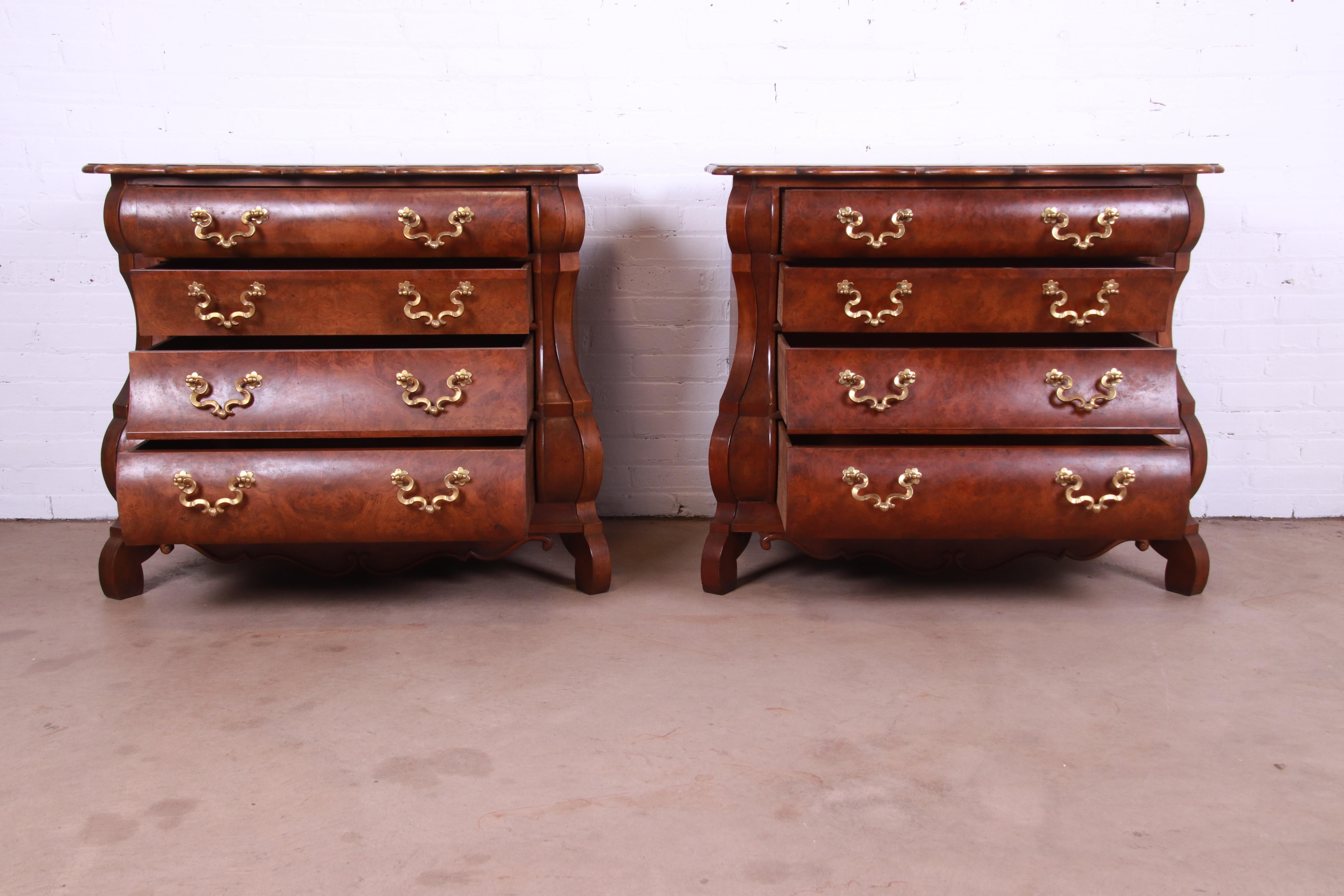 Baker Furniture Dutch Burled Walnut Bombe Chests or Commodes, Pair 3