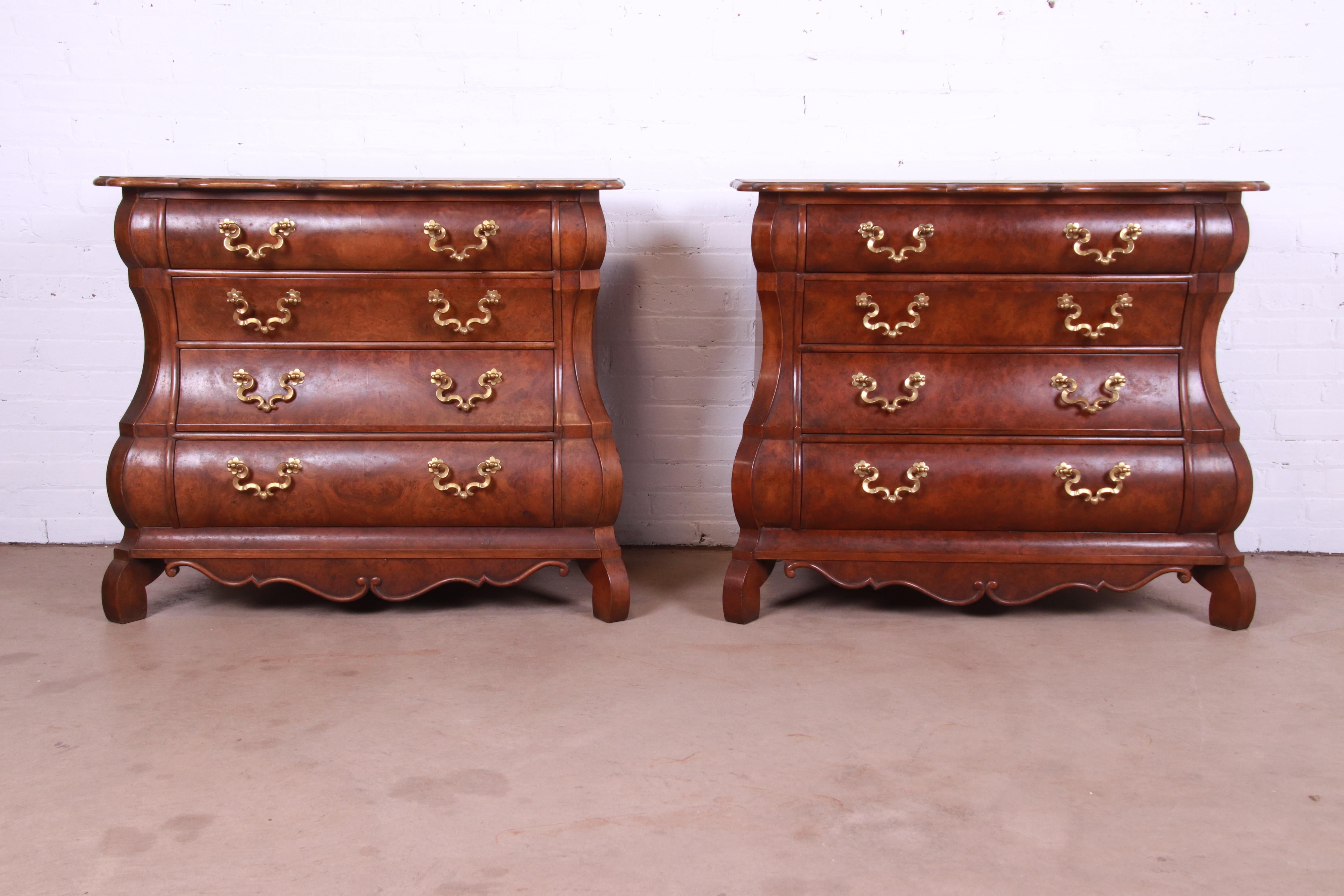 Louis XV Baker Furniture Dutch Burled Walnut Bombe Chests or Commodes, Pair