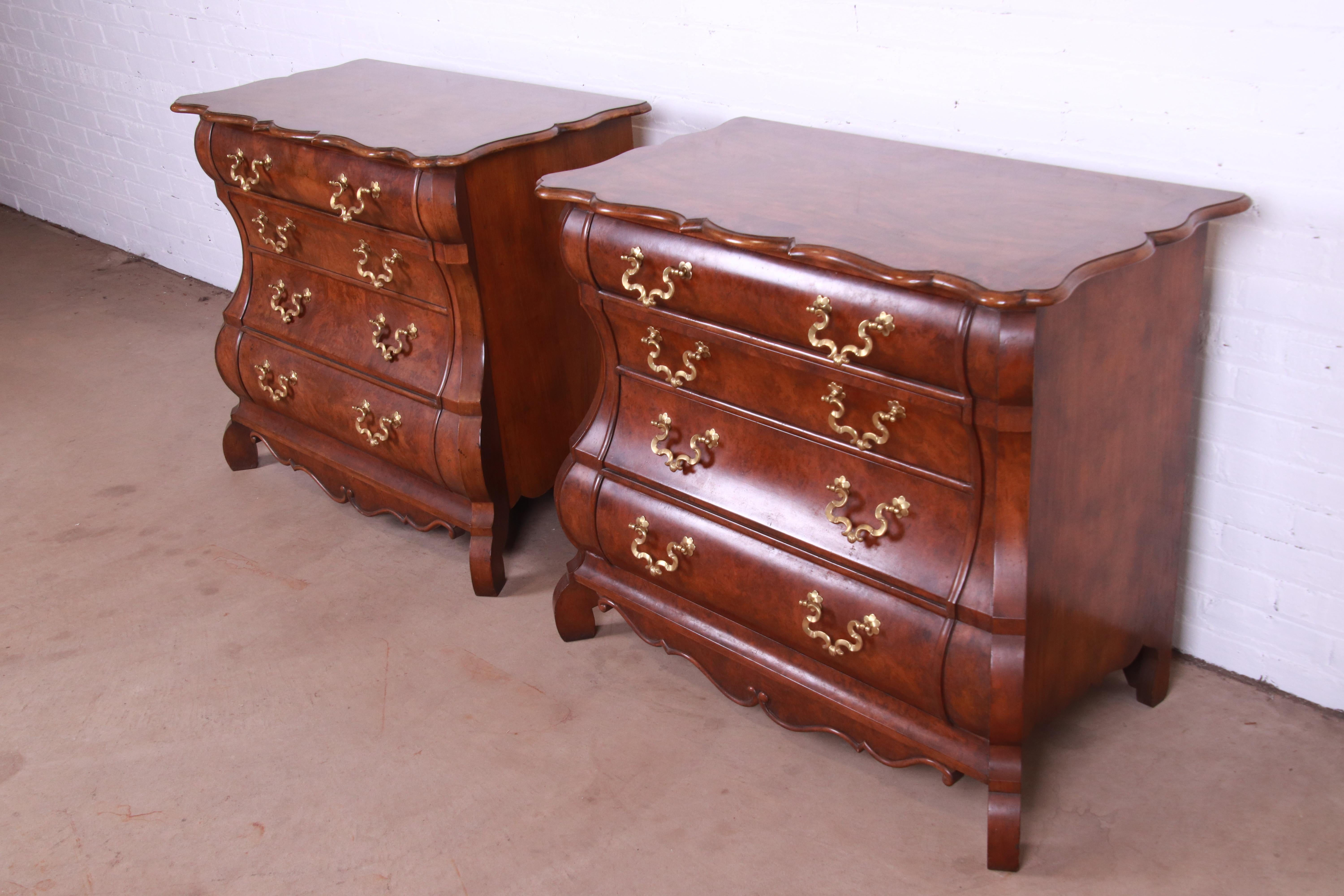 American Baker Furniture Dutch Burled Walnut Bombe Chests or Commodes, Pair