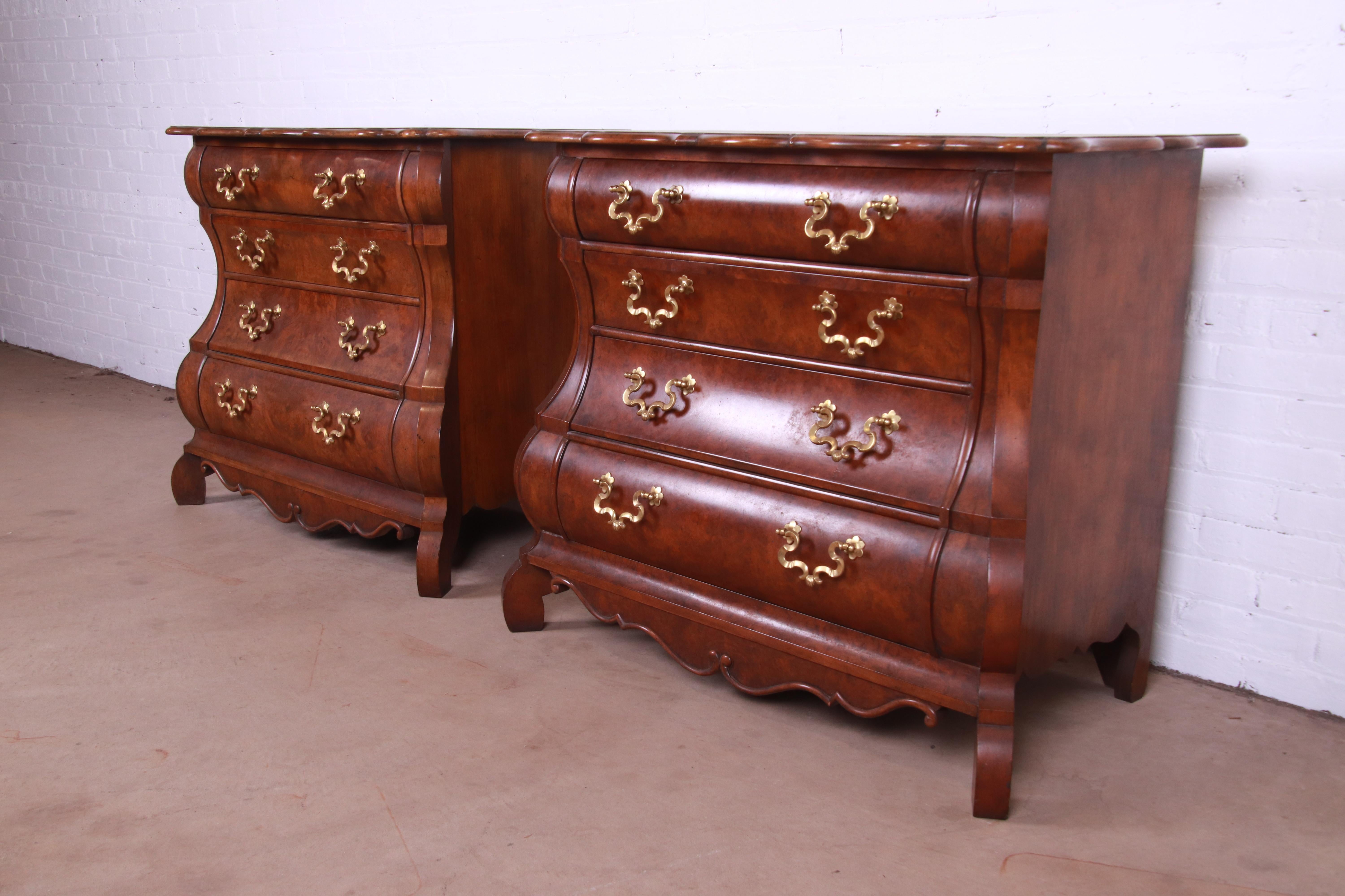Baker Furniture Dutch Burled Walnut Bombe Chests or Commodes, Pair In Good Condition In South Bend, IN