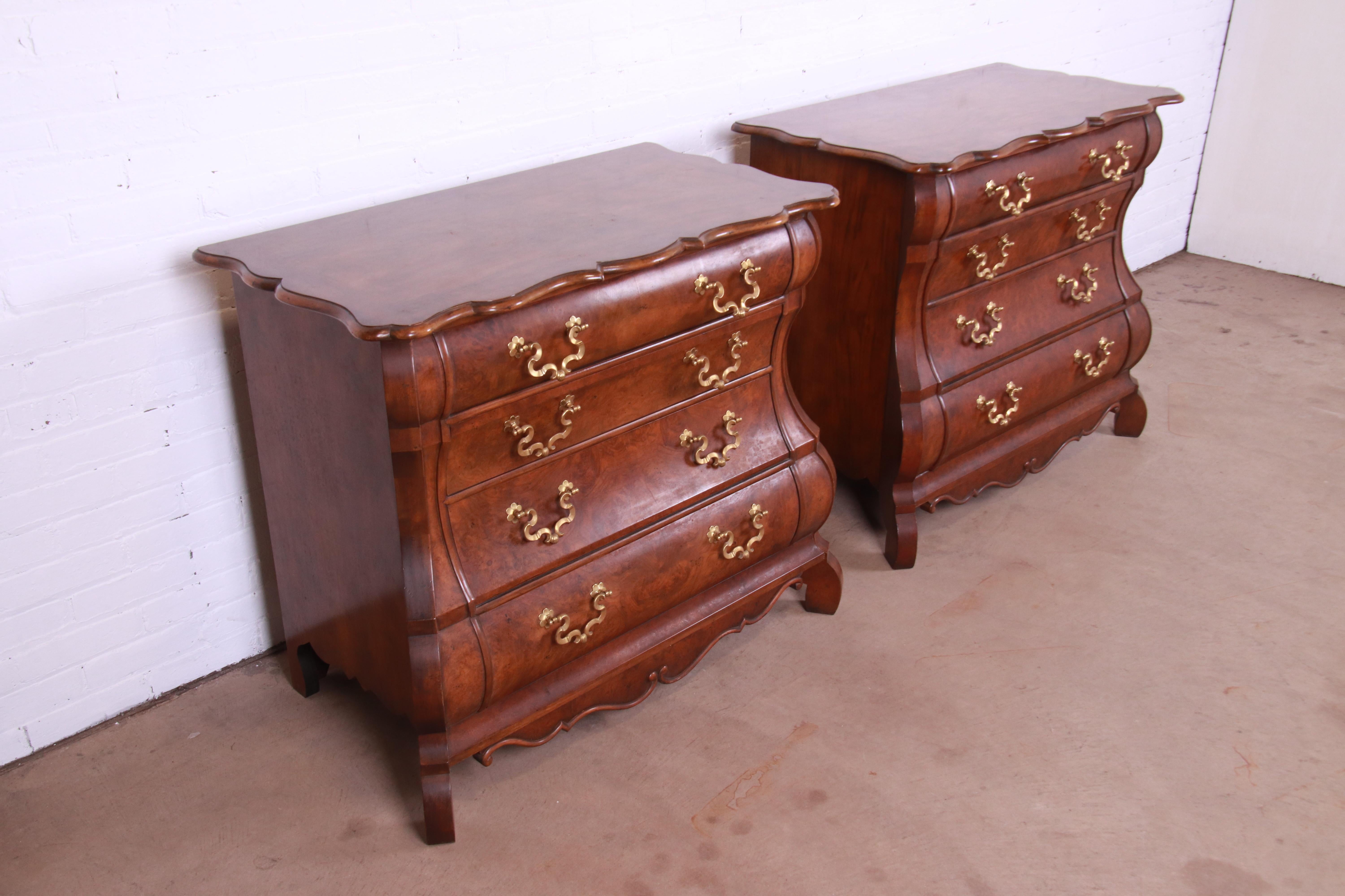 20th Century Baker Furniture Dutch Burled Walnut Bombe Chests or Commodes, Pair