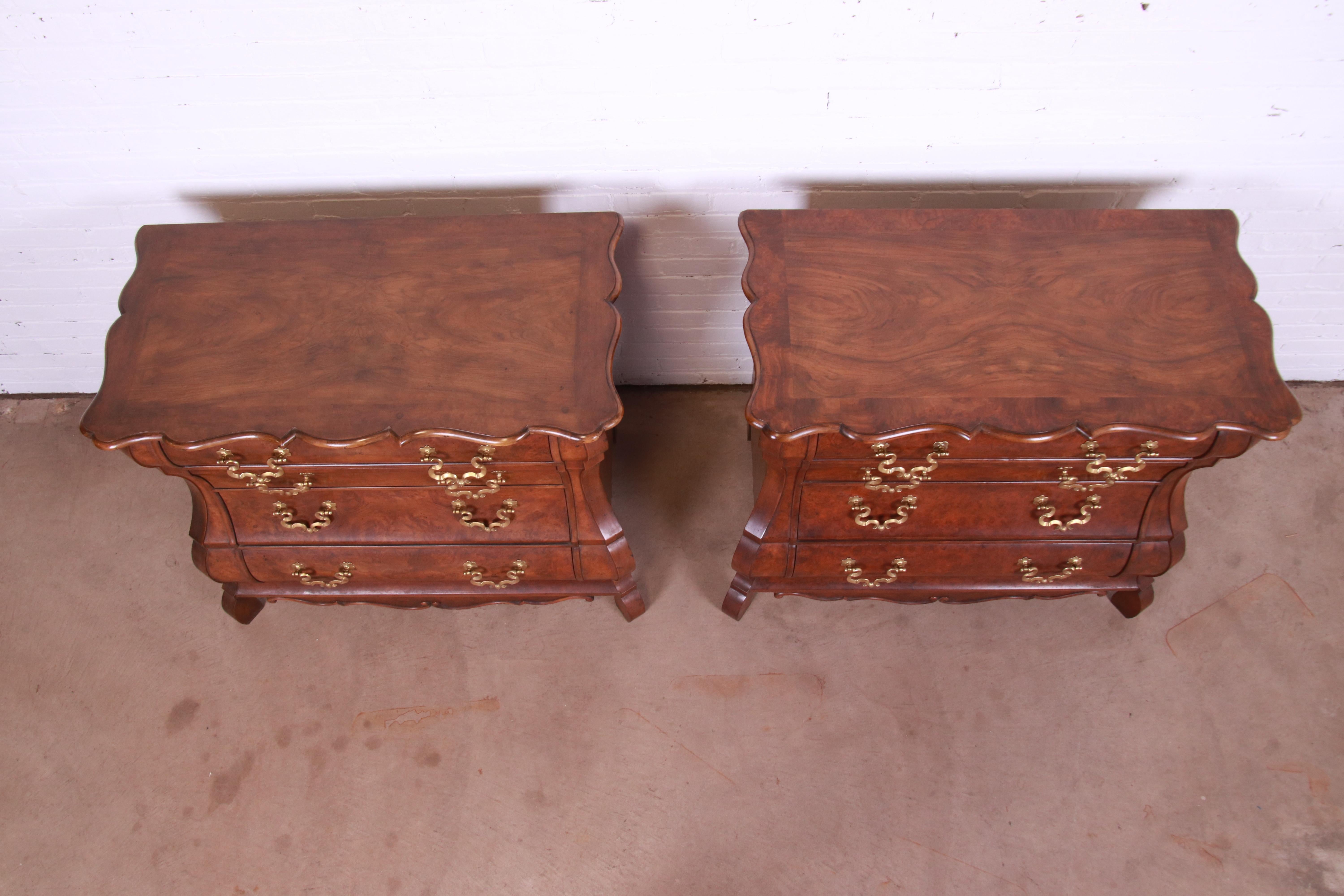 Baker Furniture Dutch Burled Walnut Bombe Chests or Commodes, Pair 1