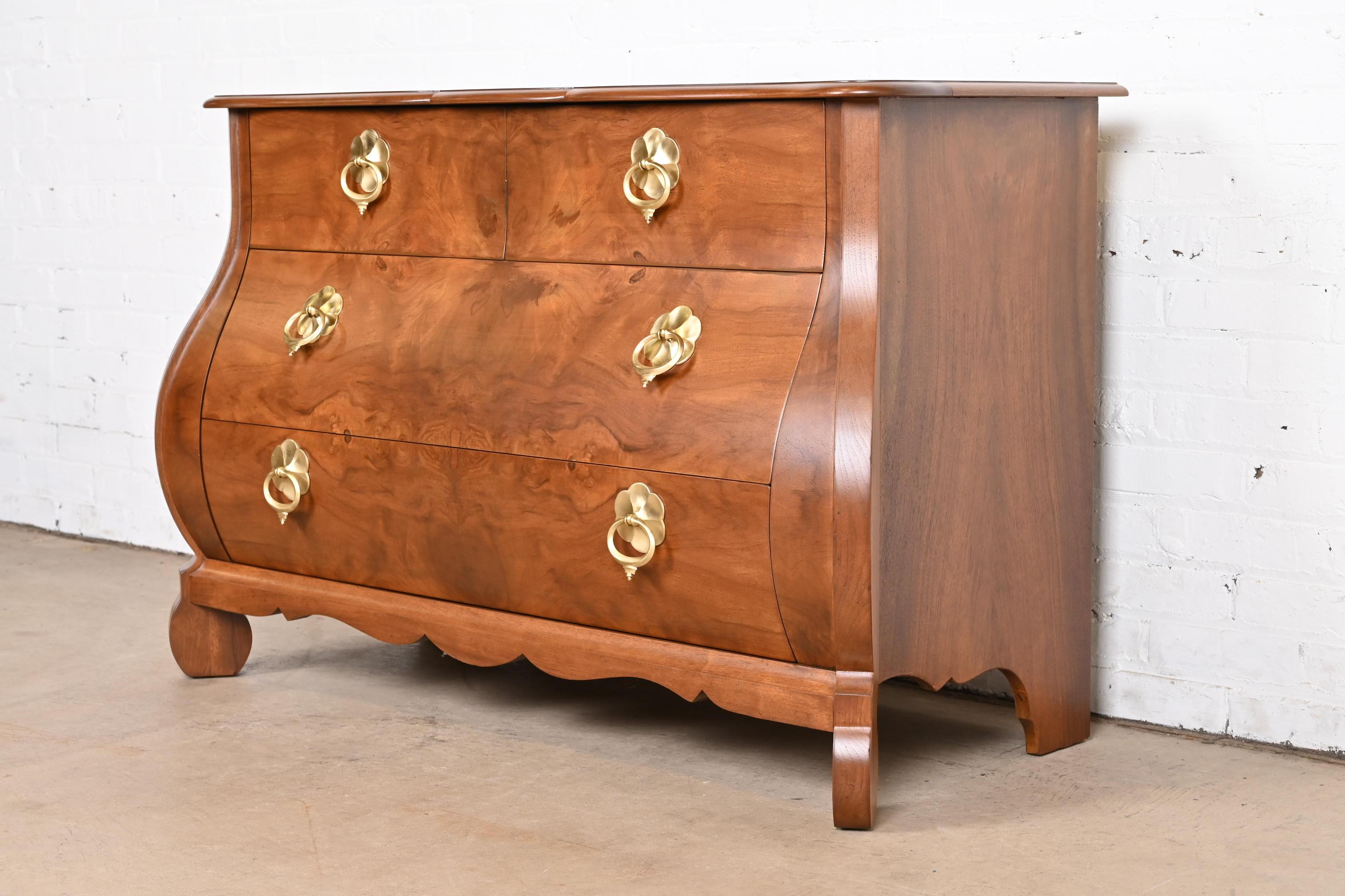  Baker Furniture Dutch Louis XV Burled Walnut Bombay Chest, Newly Refinished In Good Condition For Sale In South Bend, IN