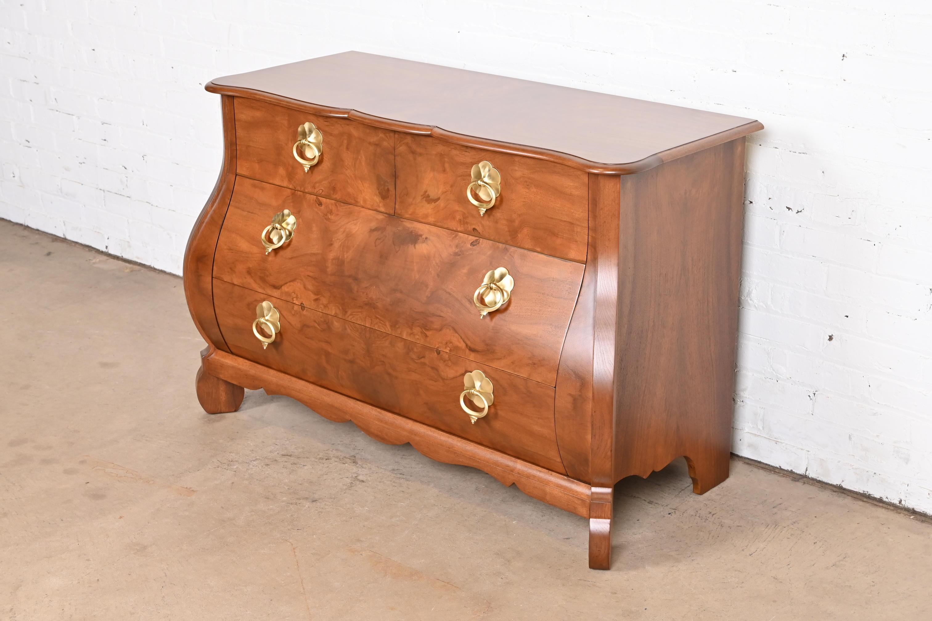 Mid-20th Century  Baker Furniture Dutch Louis XV Burled Walnut Bombay Chest, Newly Refinished For Sale