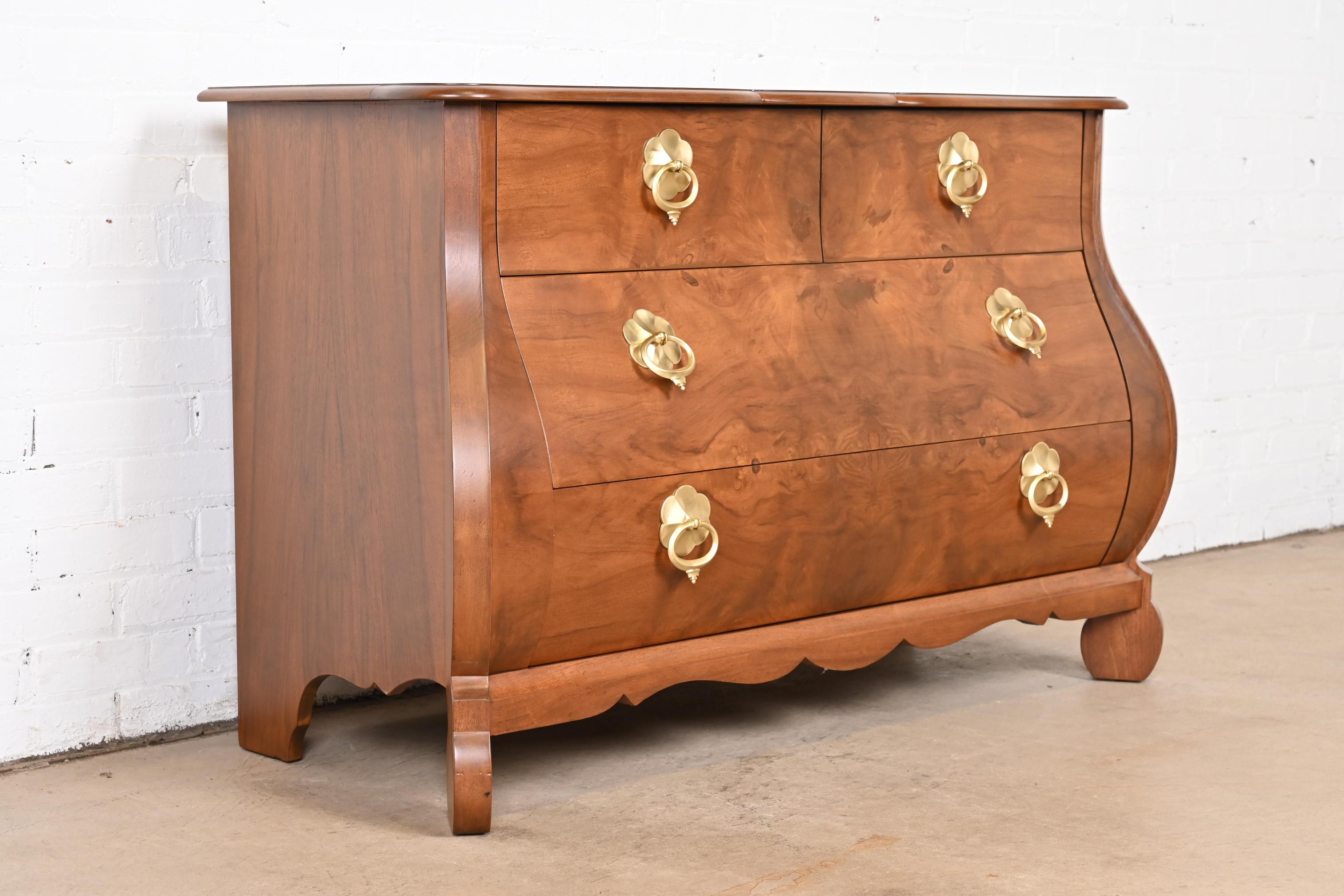 Brass  Baker Furniture Dutch Louis XV Burled Walnut Bombay Chest, Newly Refinished For Sale