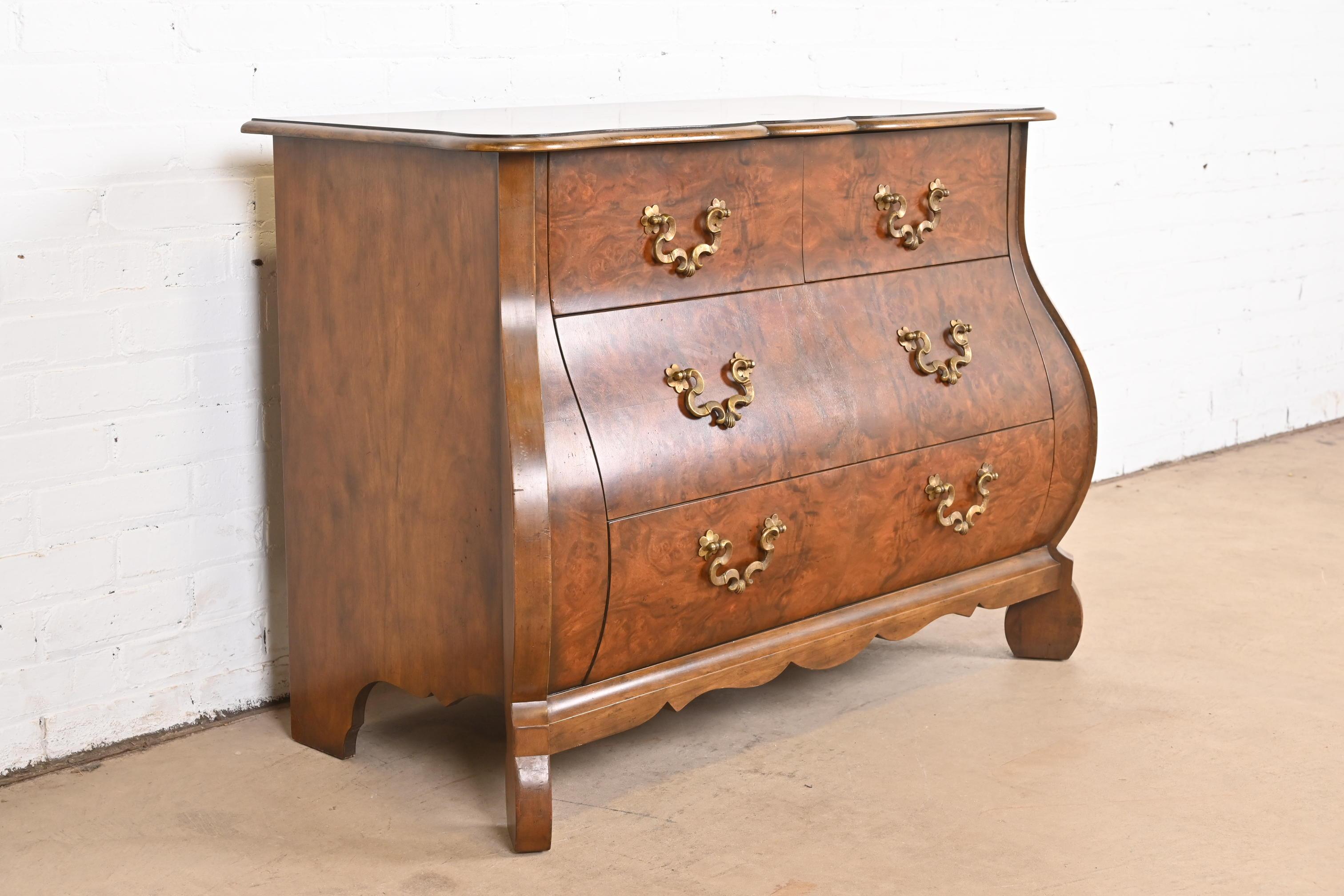 Brass Baker Furniture Dutch Louis XV Burled Walnut Bombay Chest or Commode For Sale