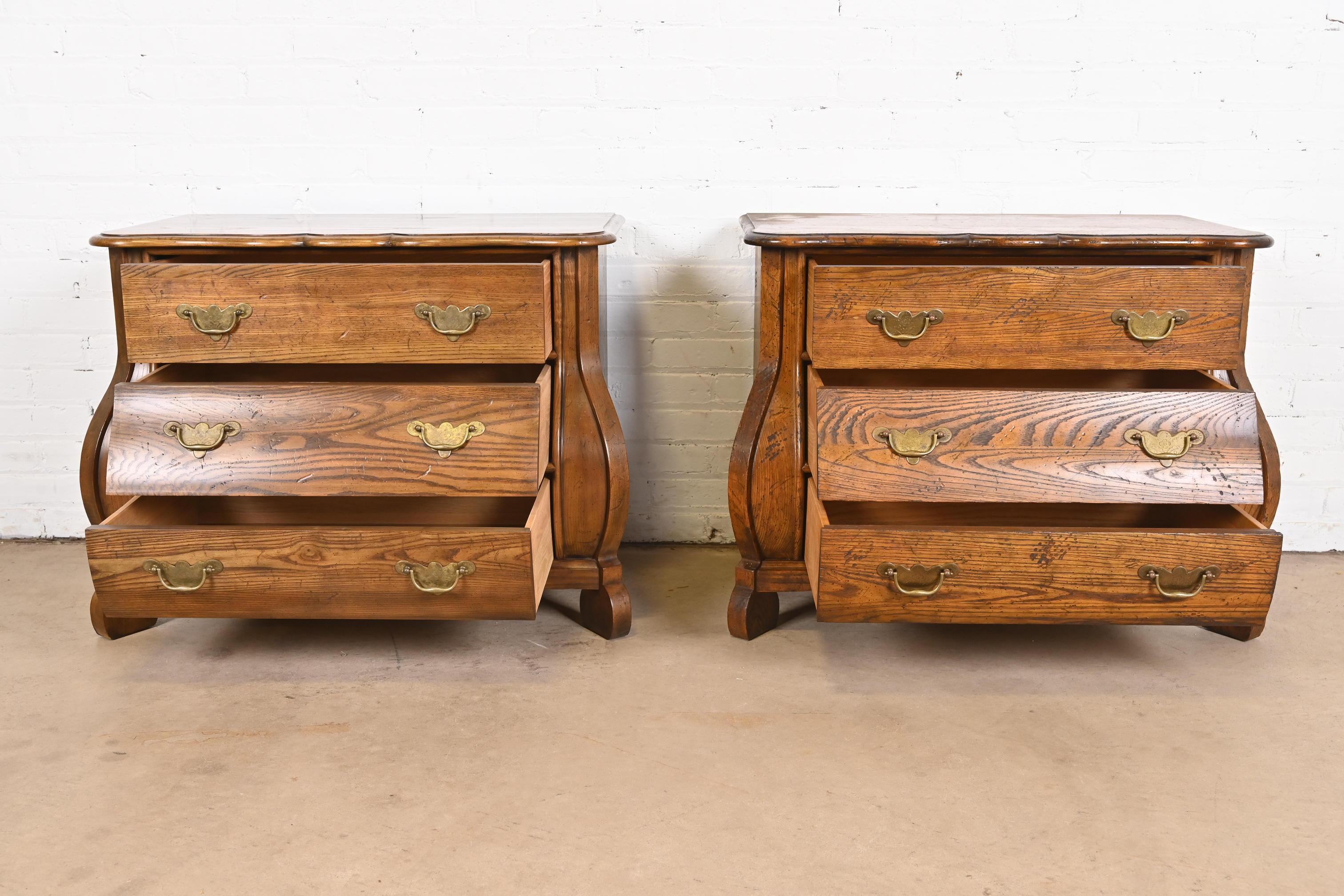 Brass Baker Furniture Dutch Oak Bombe Chests or Commodes, Pair