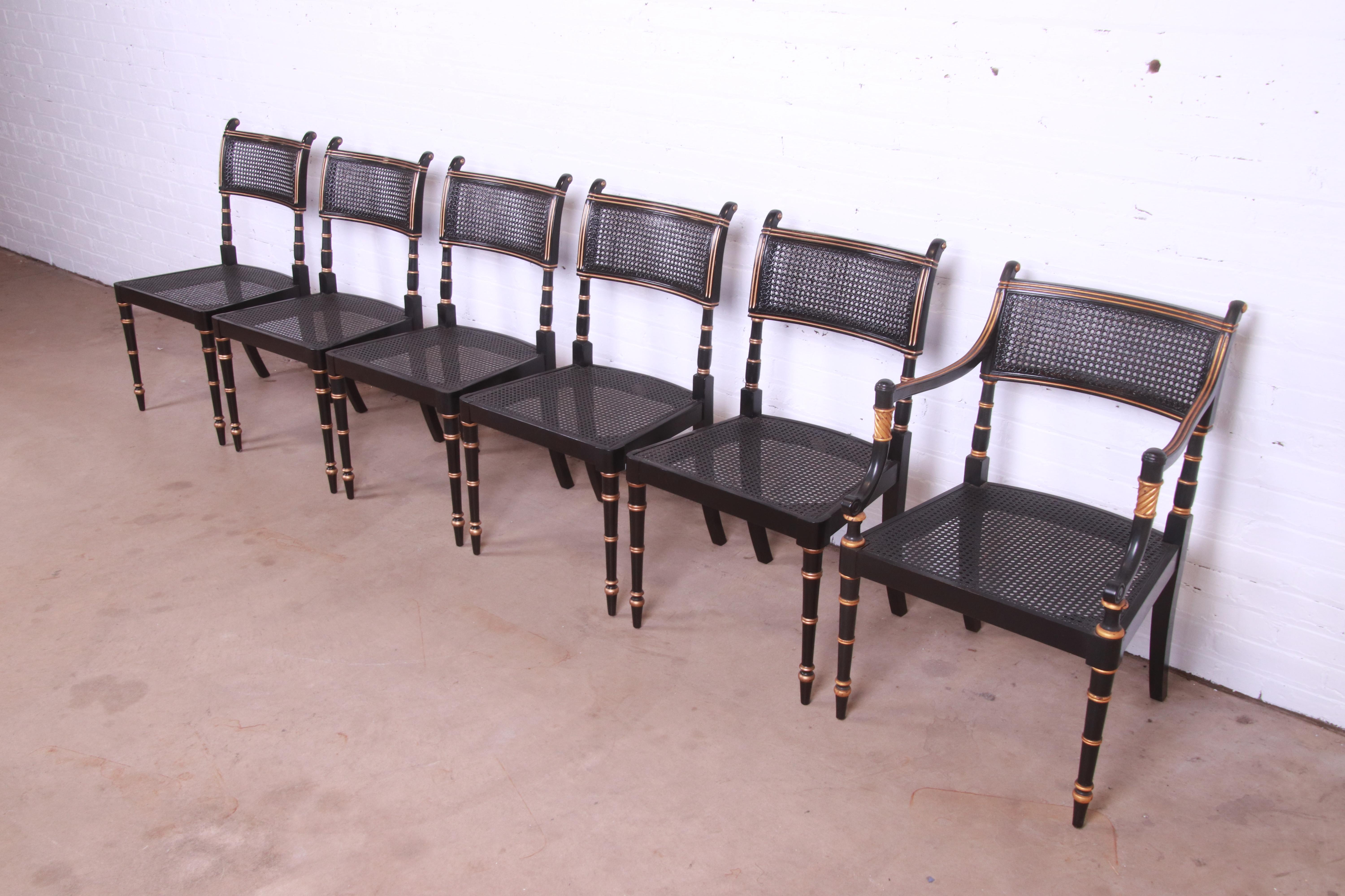 Baker Furniture Ebonized and Gold Gilt Regency Dining Chairs, Set of Six In Good Condition In South Bend, IN