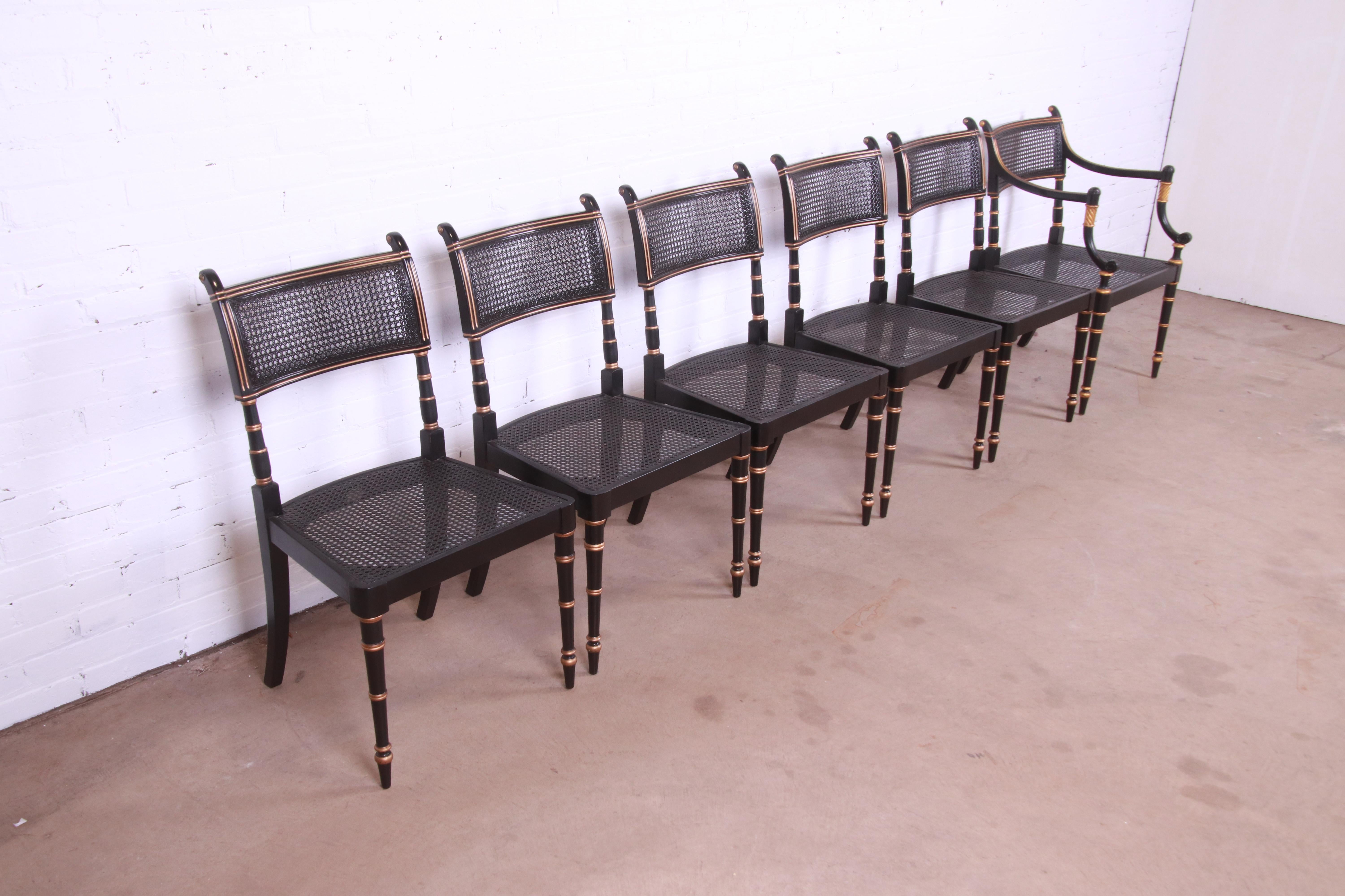 20th Century Baker Furniture Ebonized and Gold Gilt Regency Dining Chairs, Set of Six