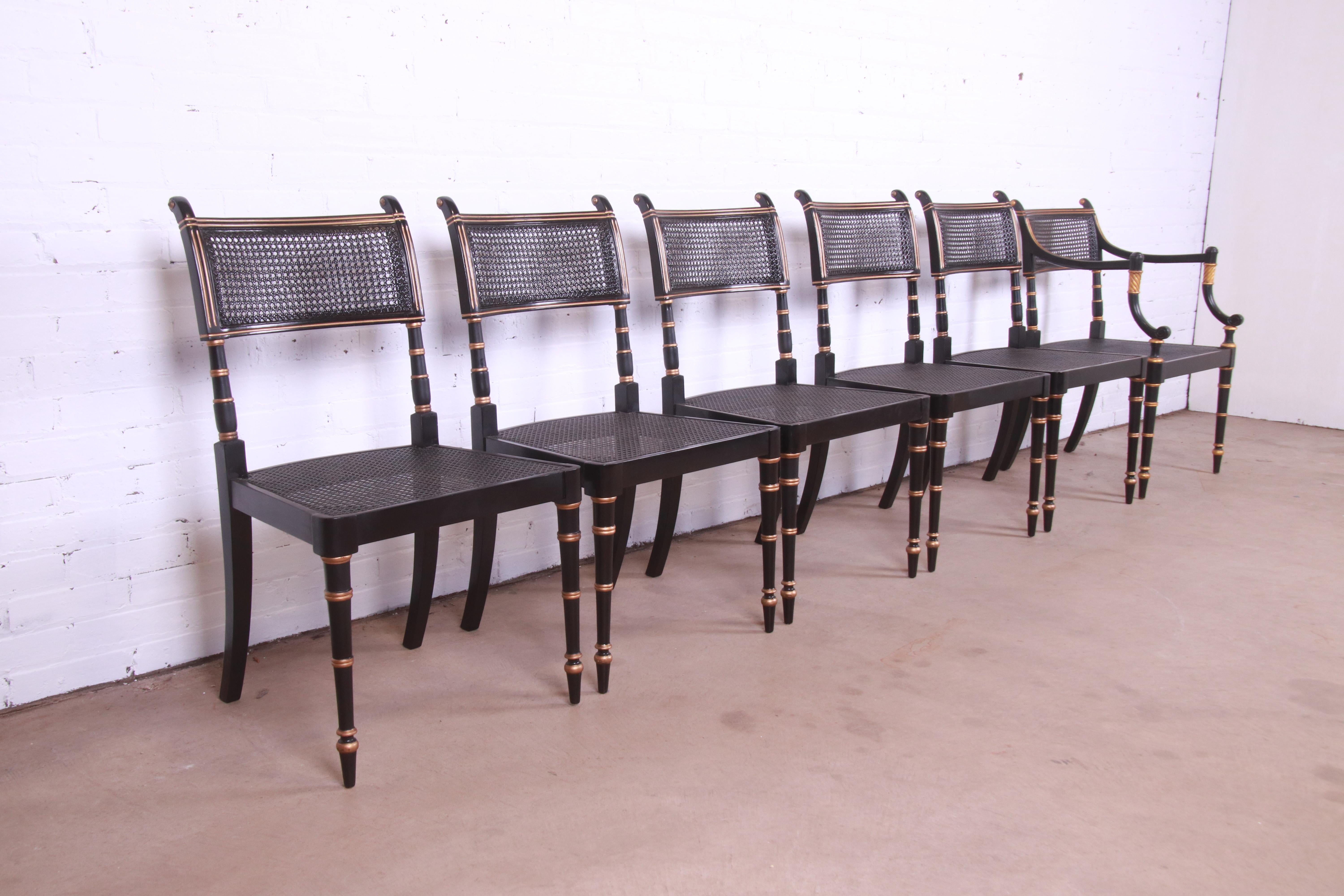 Cane Baker Furniture Ebonized and Gold Gilt Regency Dining Chairs, Set of Six