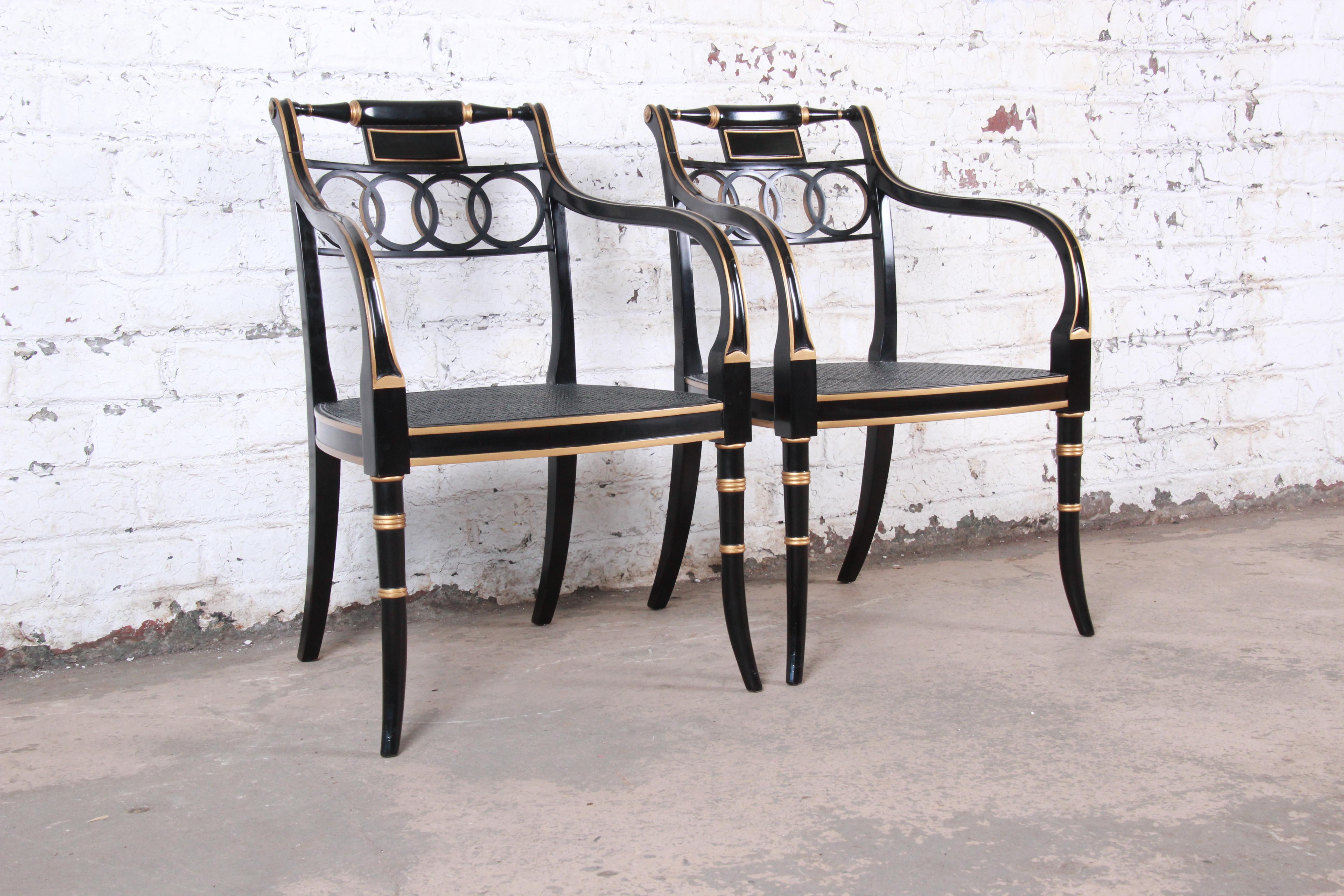 Baker Furniture Ebonized and Gold Gilt Regency Style Armchairs, Pair 3