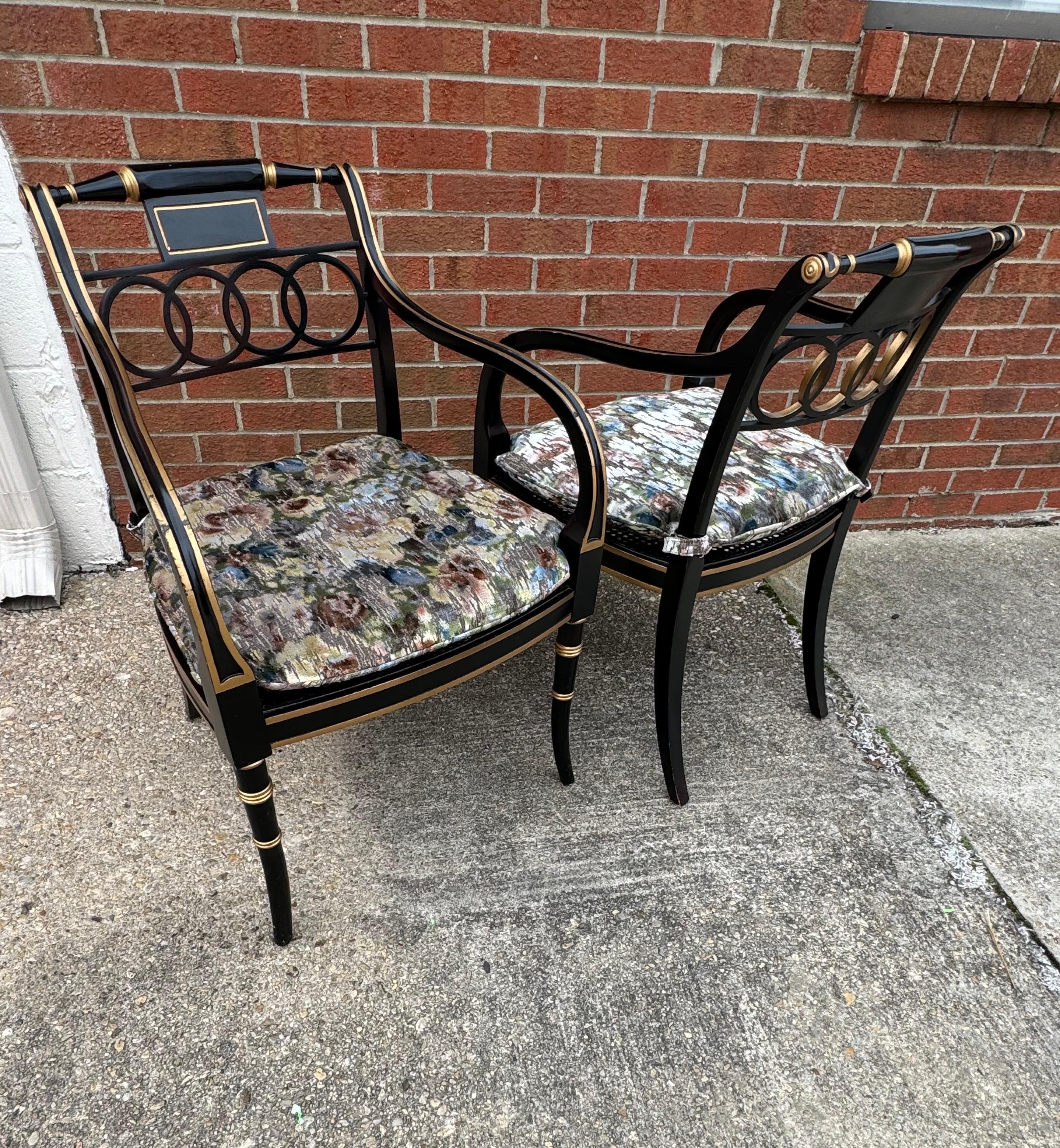 Baker Furniture Ebonized and Gold Gilt Regency Style Armchairs, Pair For Sale 5