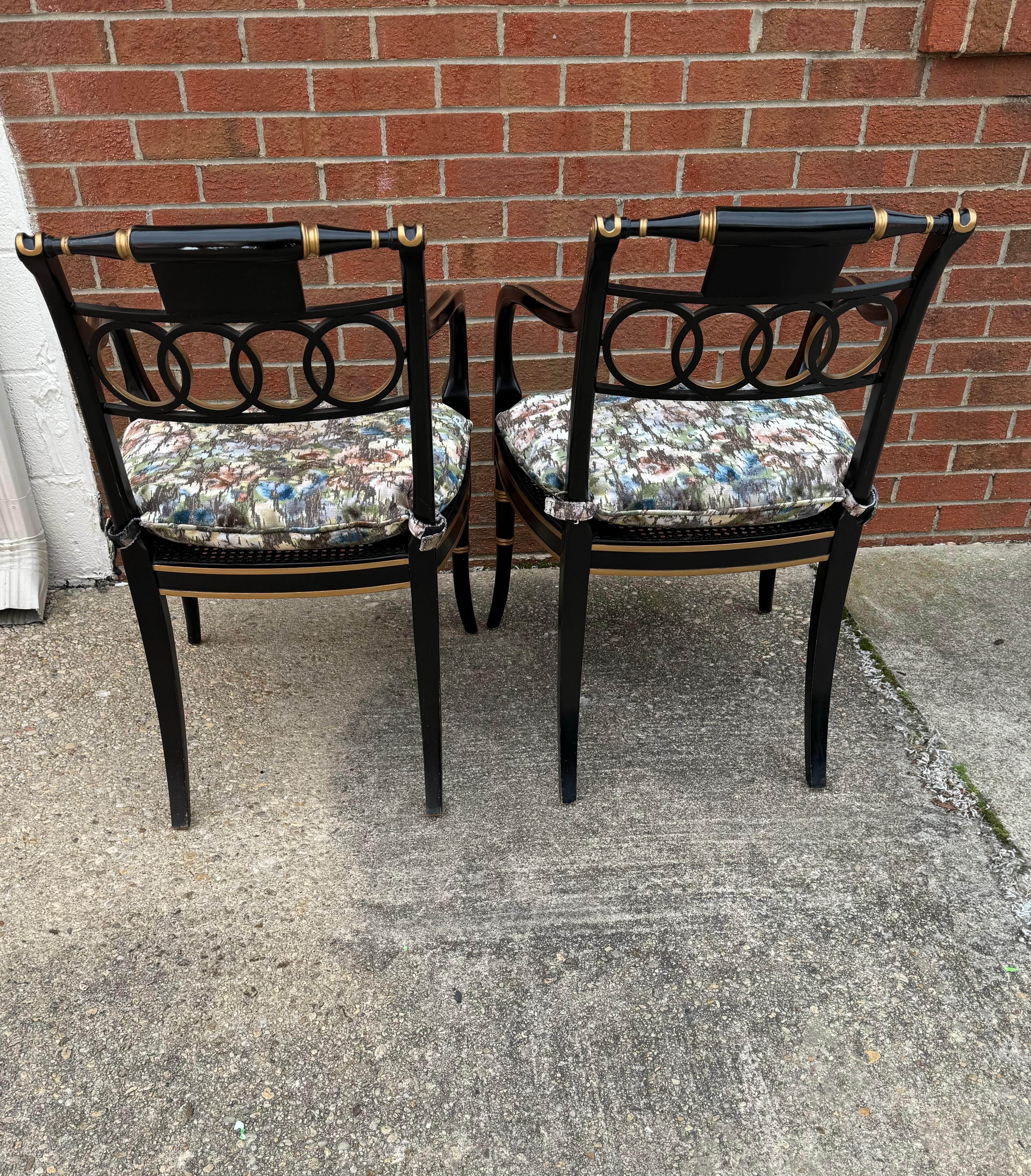 Baker Furniture Ebonized and Gold Gilt Regency Style Armchairs, Pair For Sale 7