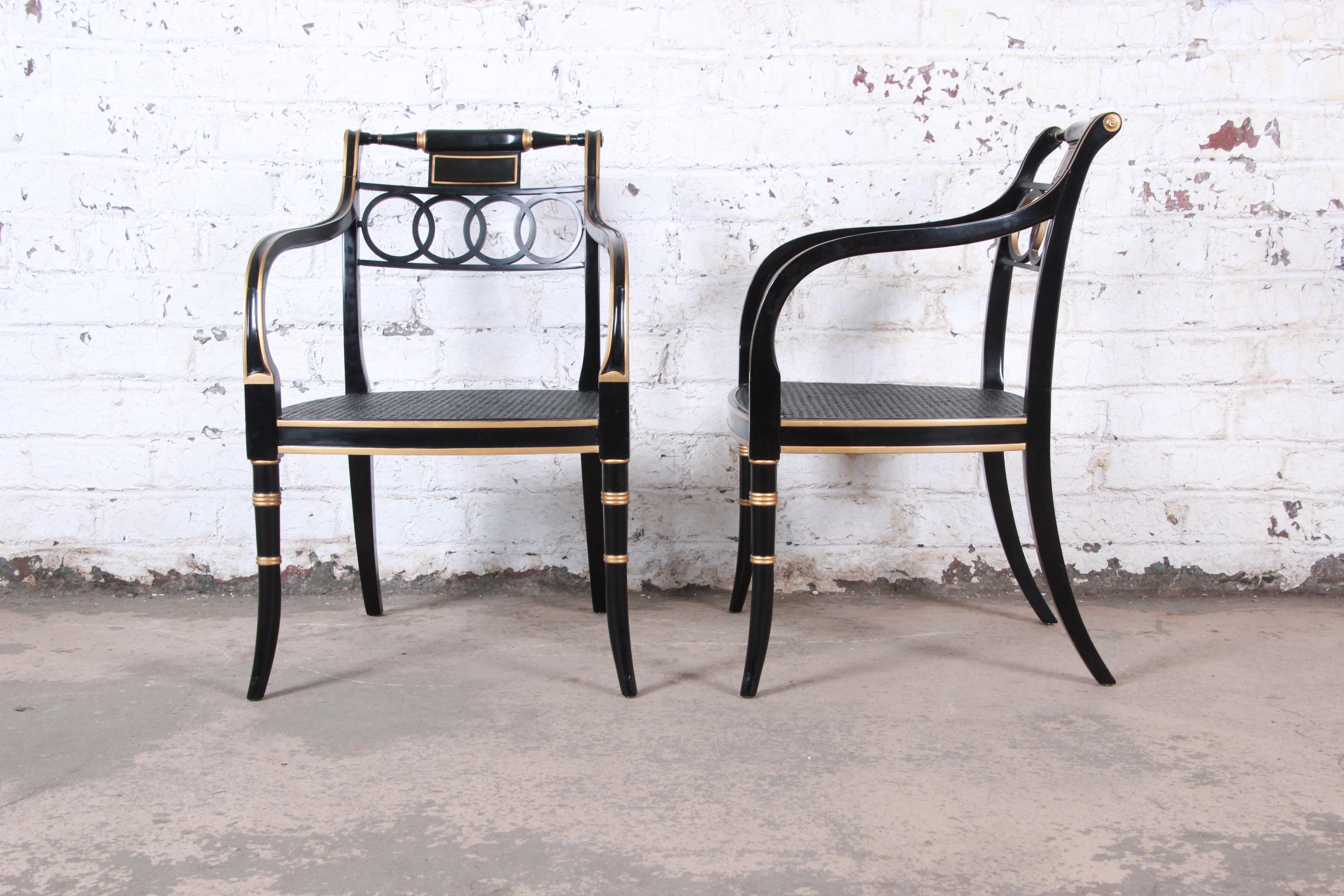 Baker Furniture Ebonized and Gold Gilt Regency Style Armchairs, Pair 6