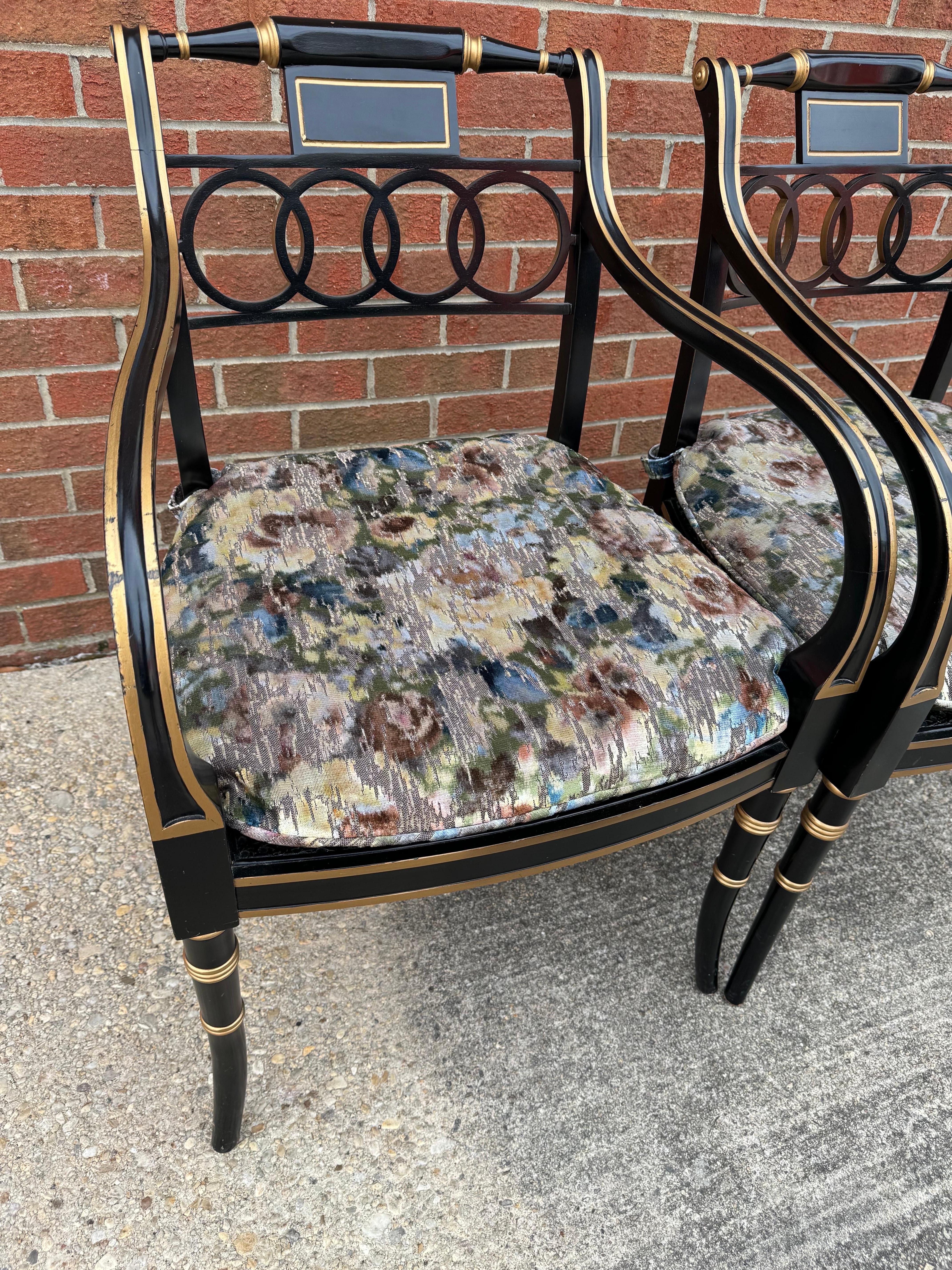 Baker Furniture Ebonized and Gold Gilt Regency Style Armchairs, Pair For Sale 8