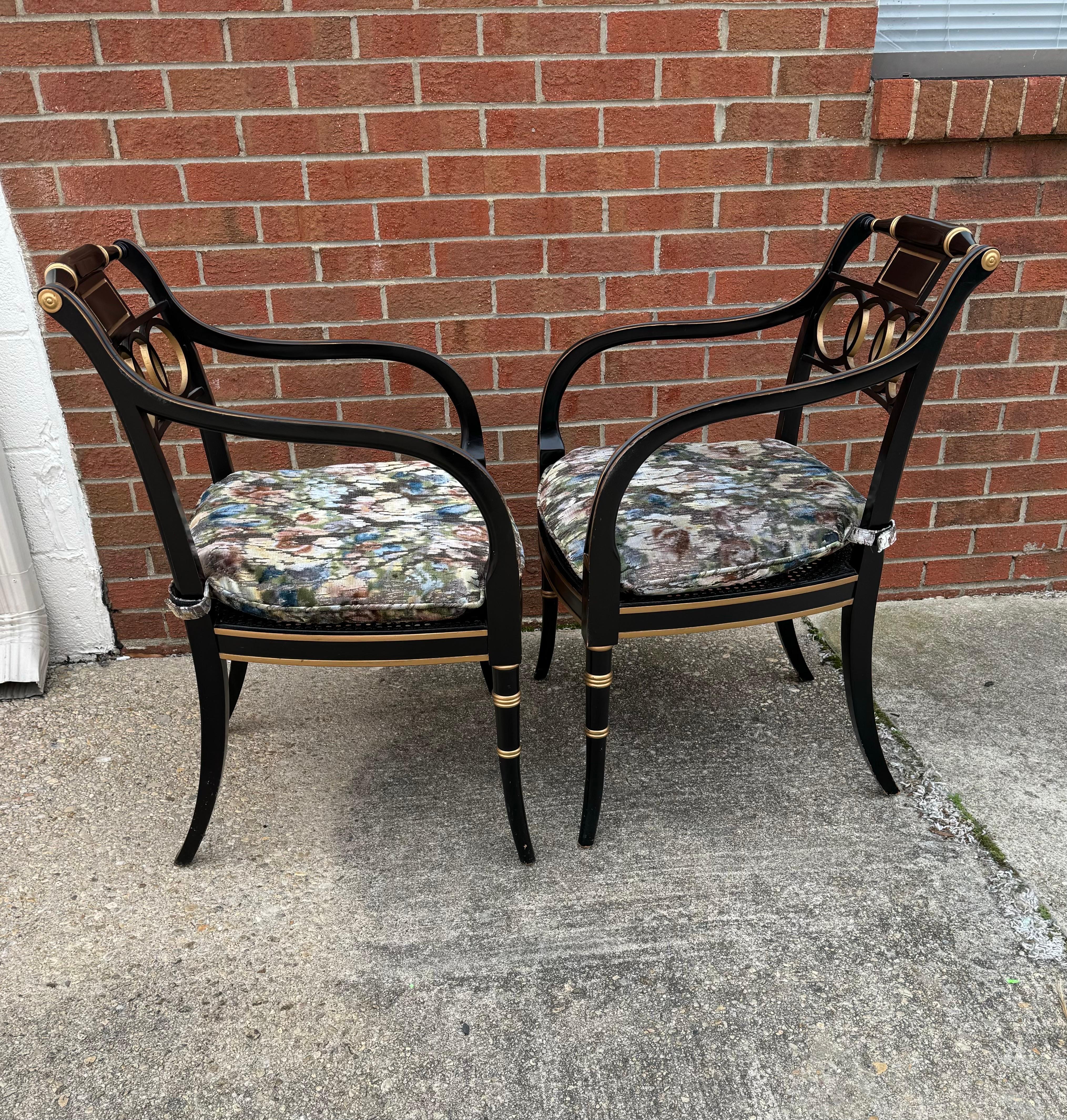 Baker Furniture Ebonized and Gold Gilt Regency Style Armchairs, Pair For Sale 9