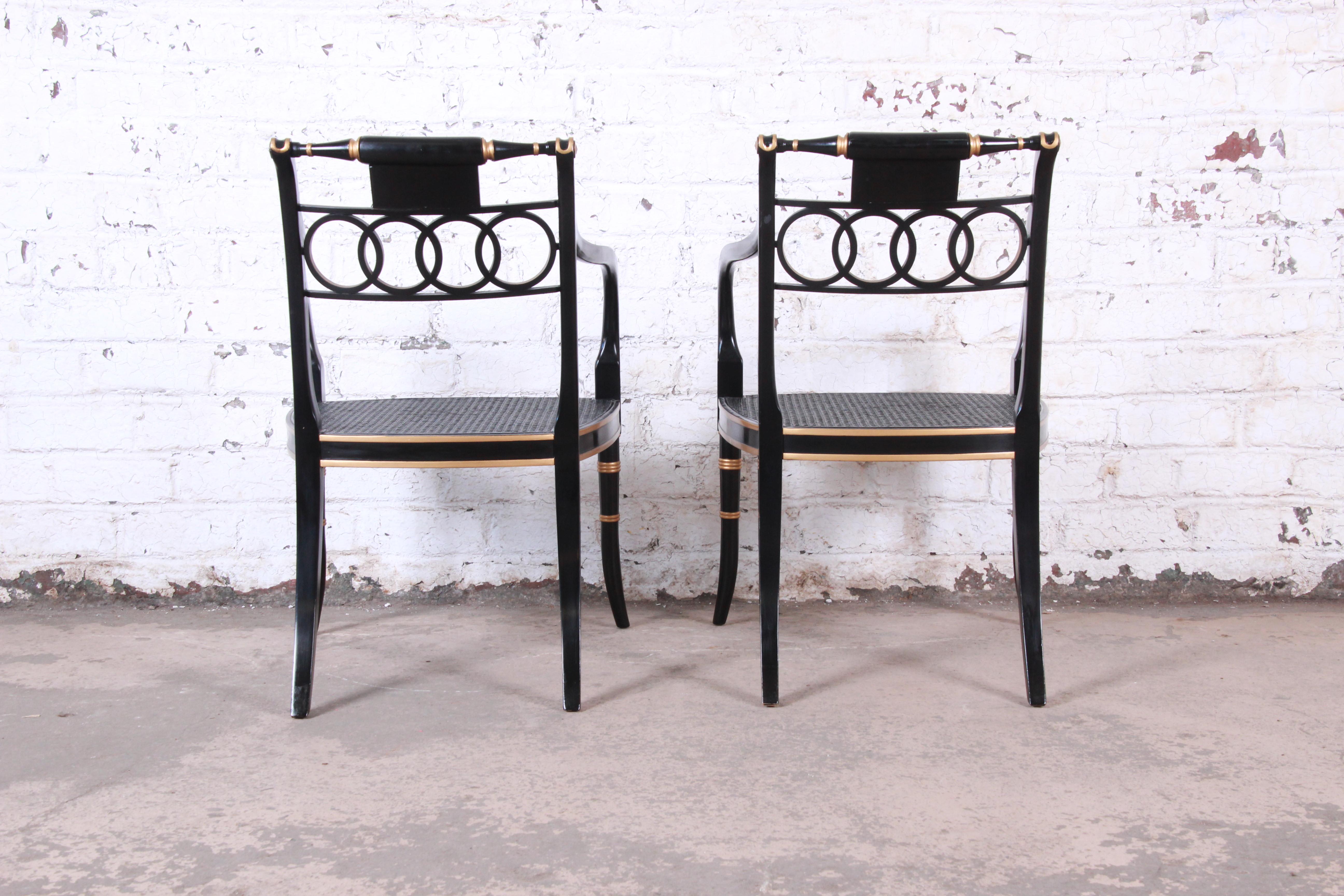 Baker Furniture Ebonized and Gold Gilt Regency Style Armchairs, Pair 8