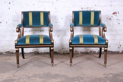 Baker Furniture Ebonized and Gold Gilt Regency Style Armchairs, Pair