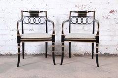 Baker Furniture Ebonized and Gold Gilt Regency Style Armchairs, Pair