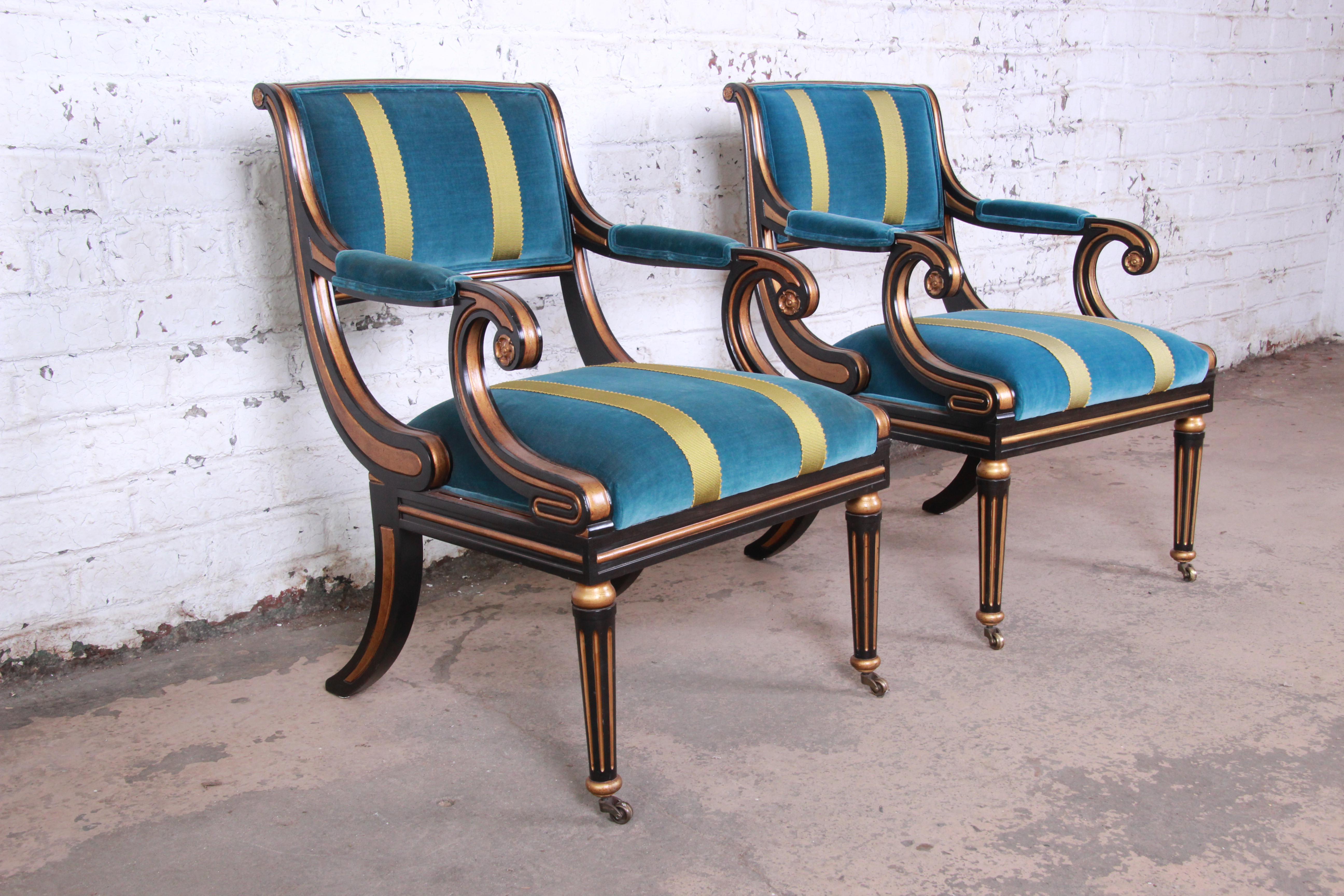 Neoclassical Baker Furniture Ebonized and Gold Gilt Regency Style Armchairs, Pair