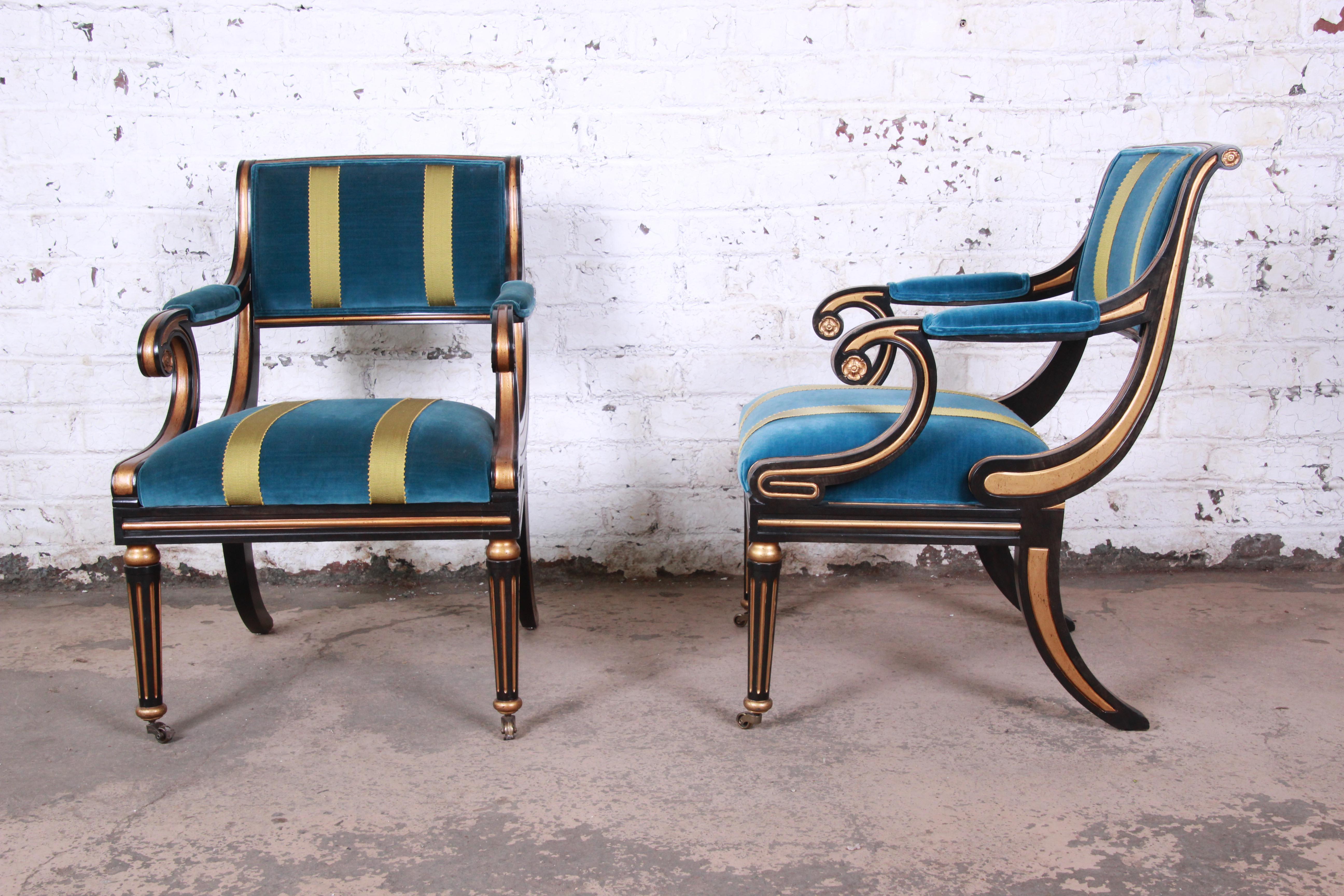 American Baker Furniture Ebonized and Gold Gilt Regency Style Armchairs, Pair