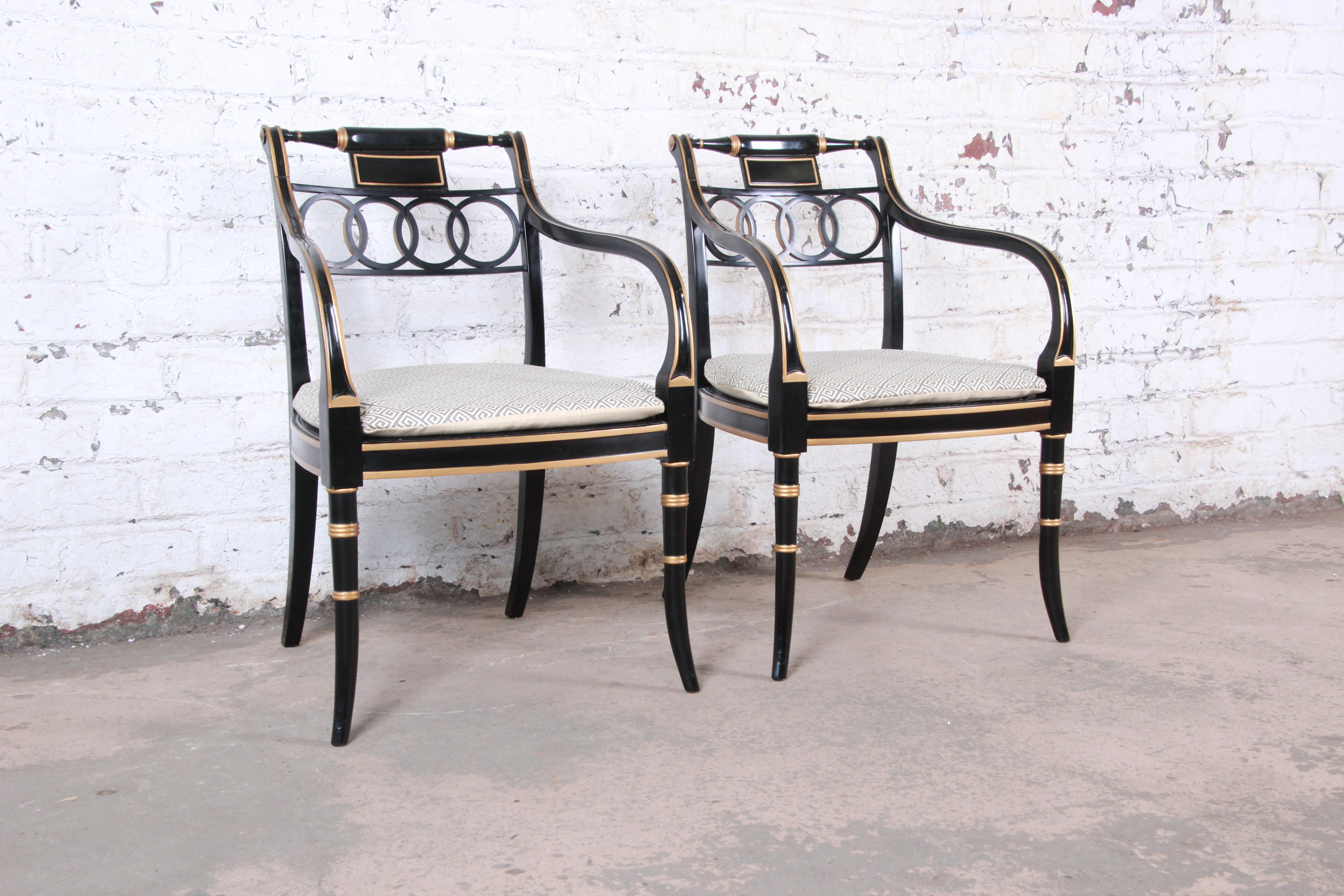 American Baker Furniture Ebonized and Gold Gilt Regency Style Armchairs, Pair