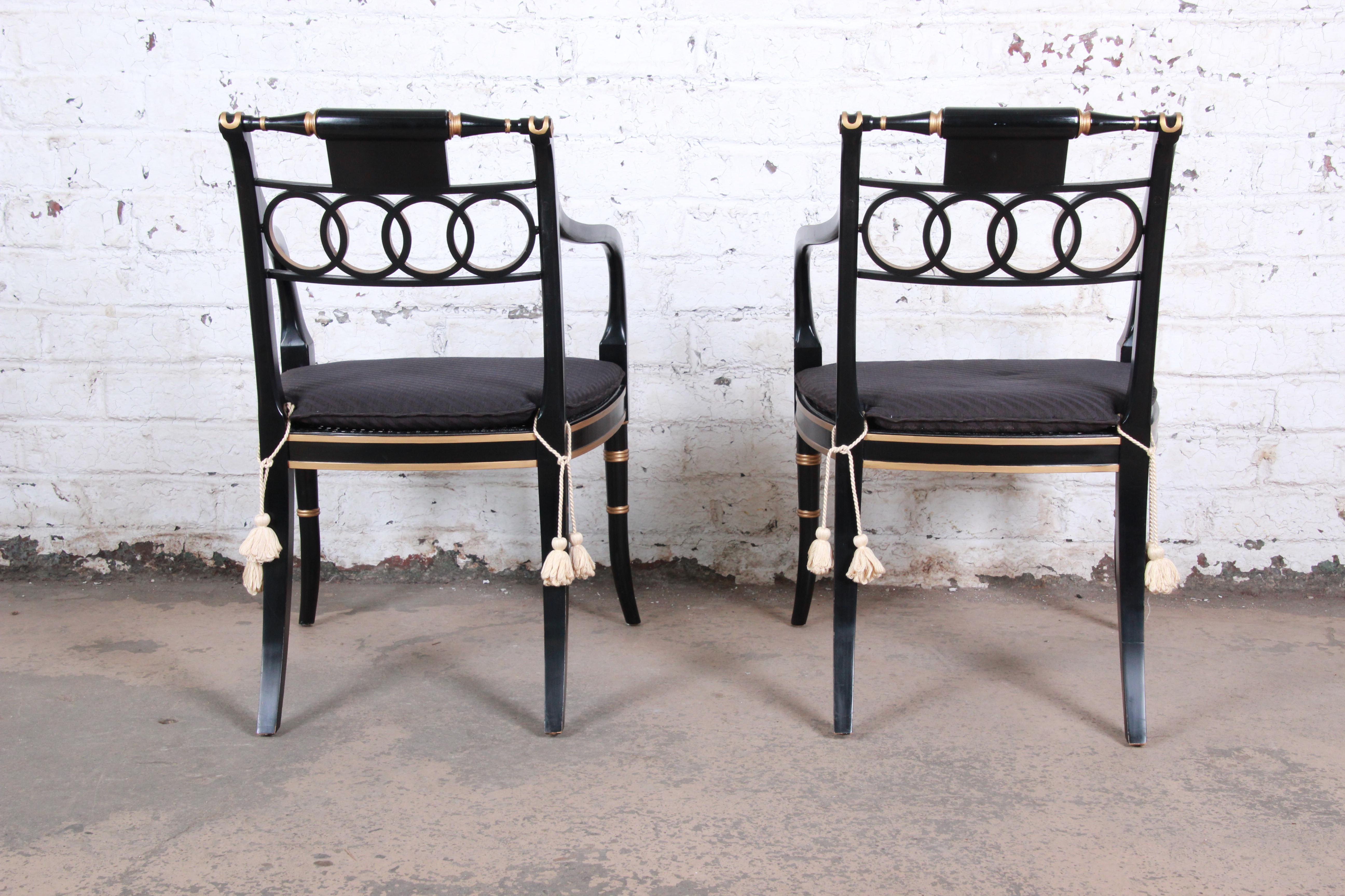 American Baker Furniture Ebonized and Gold Gilt Regency Style Armchairs, Pair