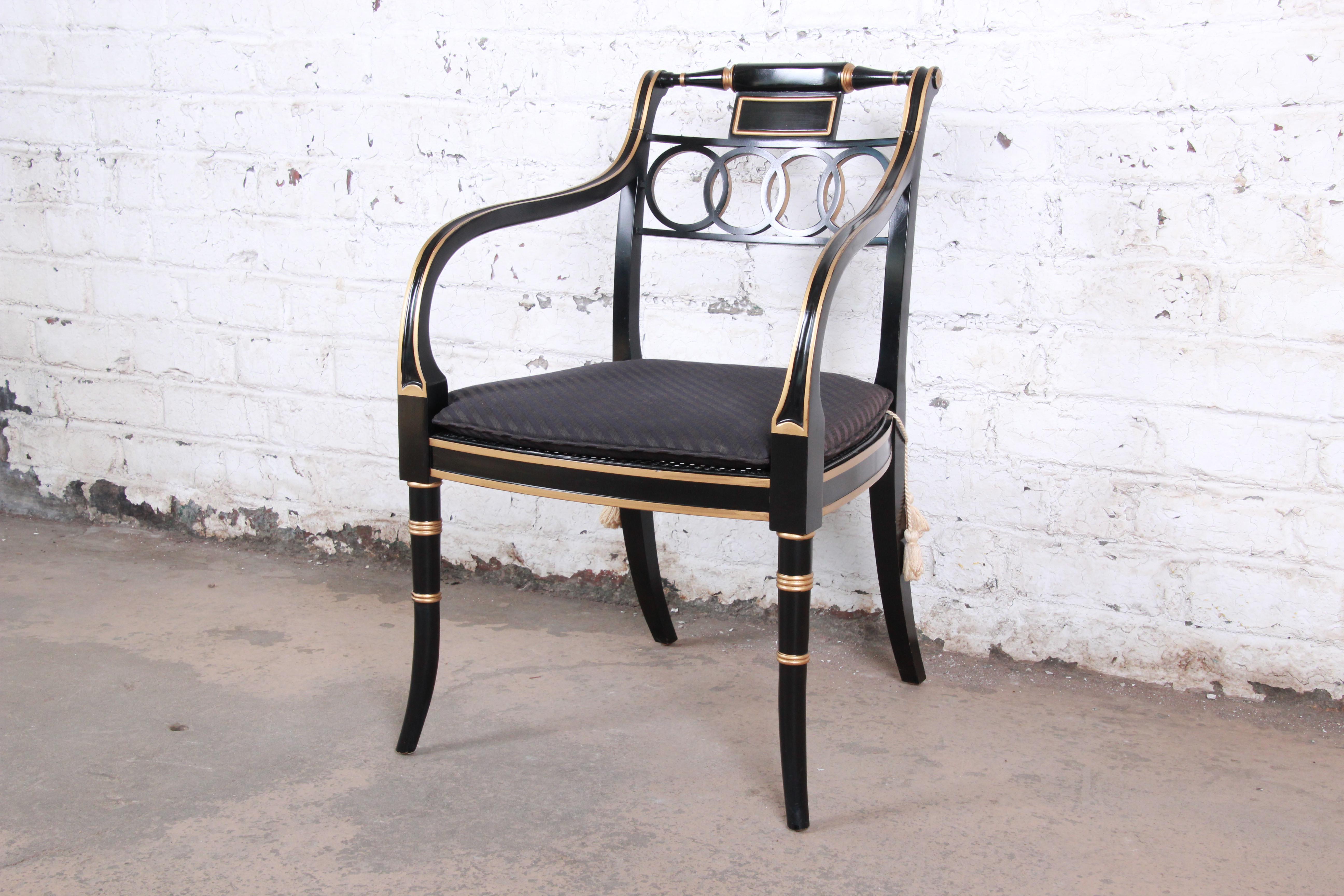 Baker Furniture Ebonized and Gold Gilt Regency Style Armchairs, Pair In Good Condition In South Bend, IN